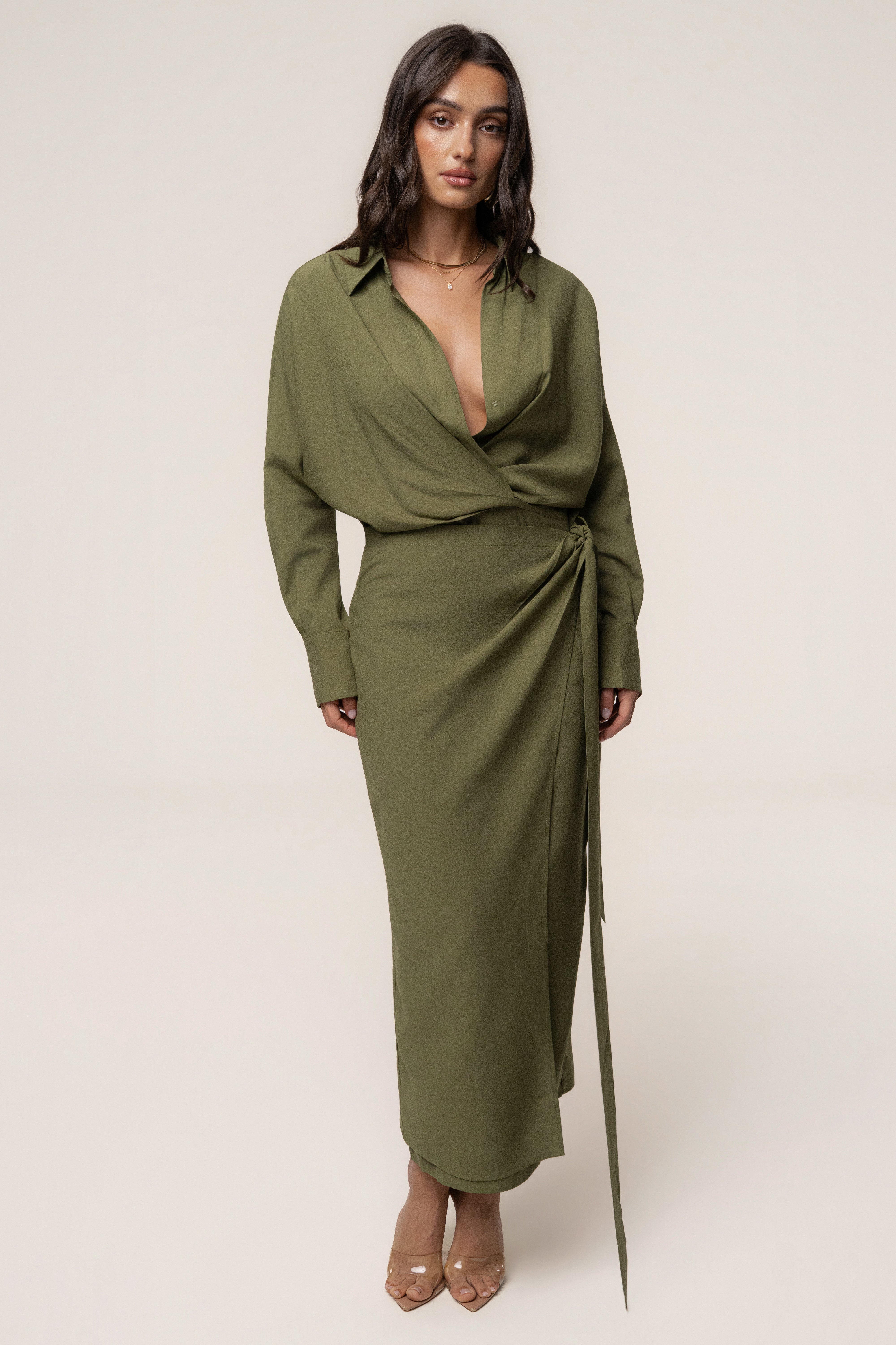 Olive Skyline Wrap Midi Dress - JLUXLABEL