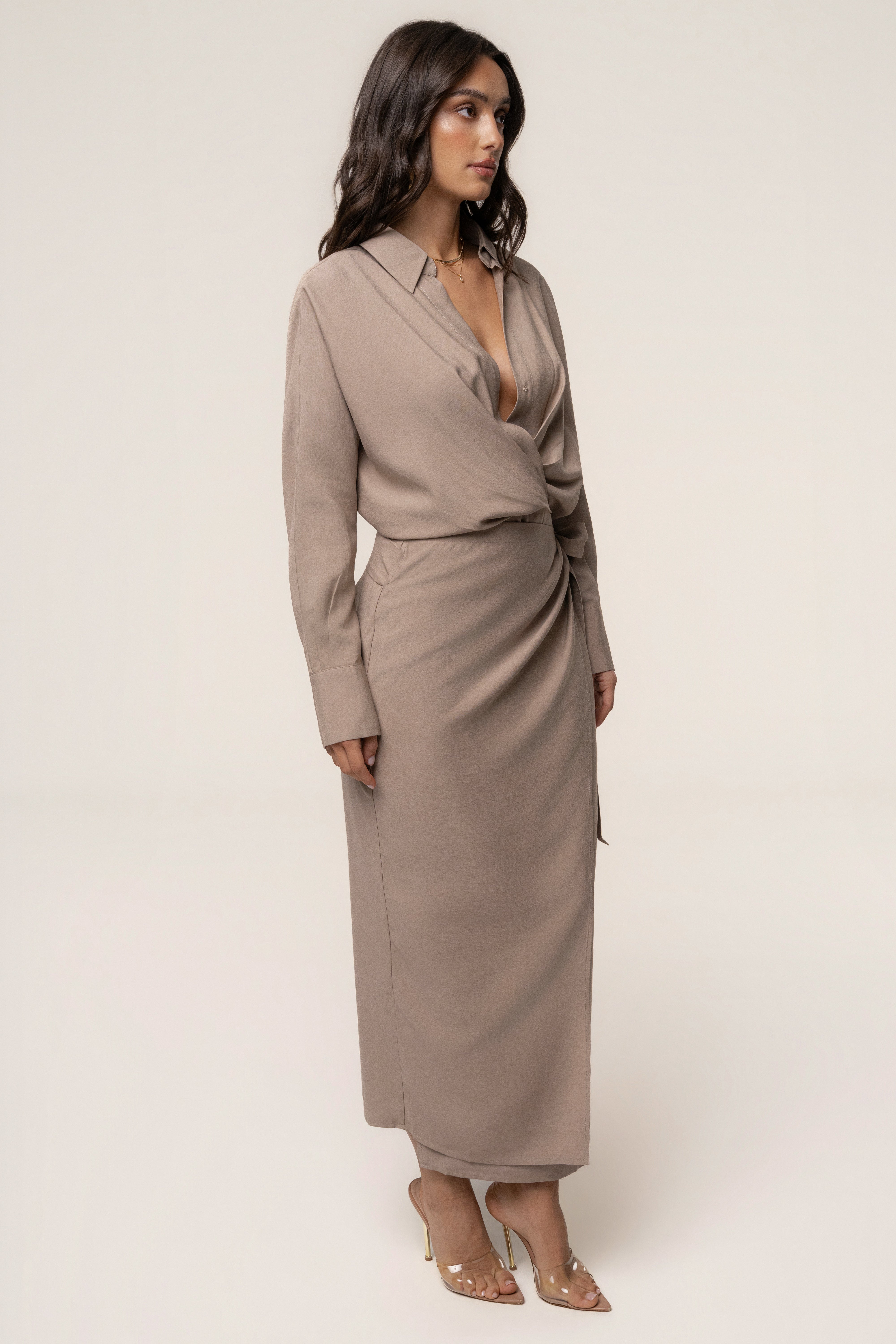 Beige Skyline Wrap Midi Dress - JLUXLABEL