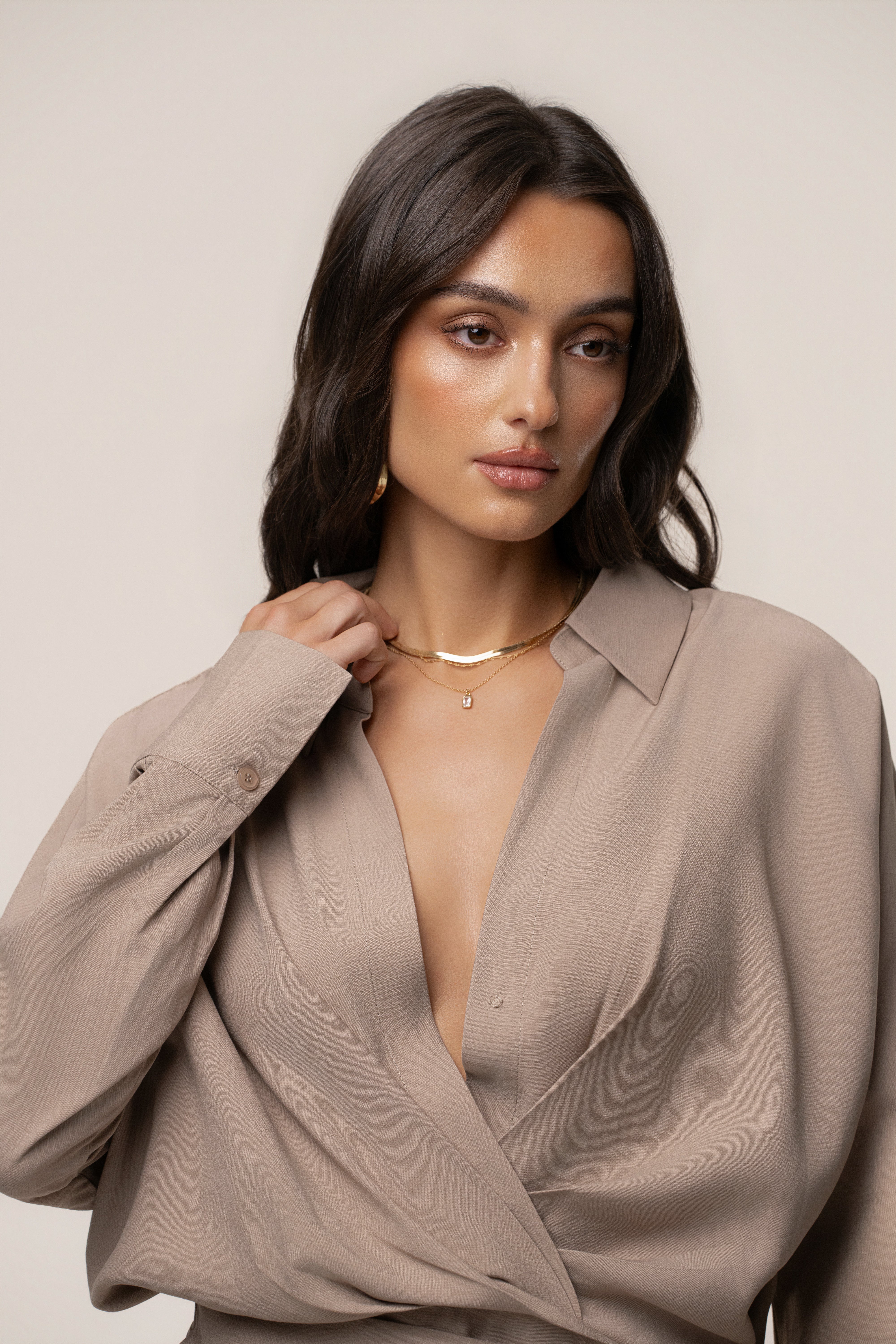 Beige Skyline Wrap Midi Dress - JLUXLABEL