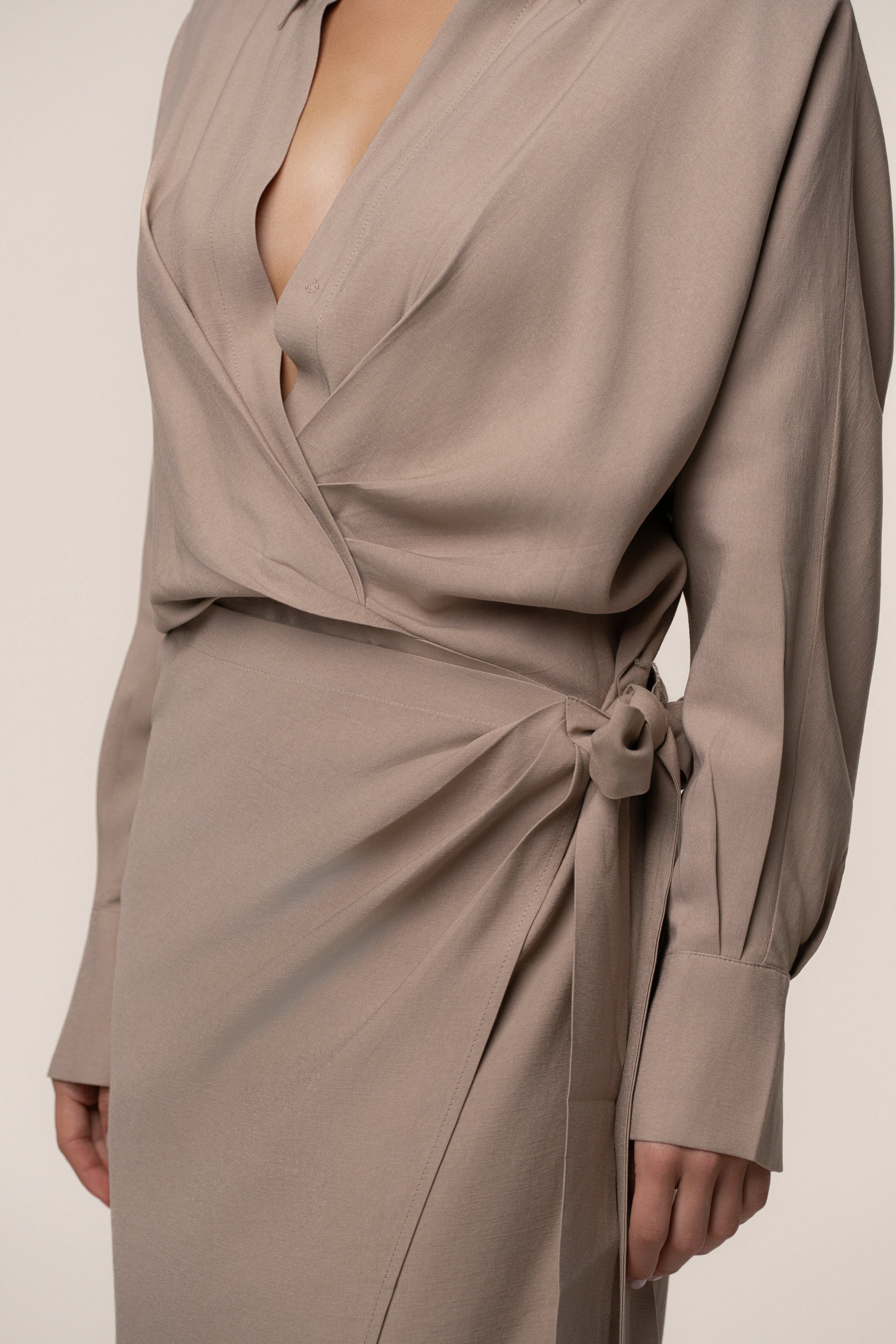 Beige Skyline Wrap Midi Dress - JLUXLABEL