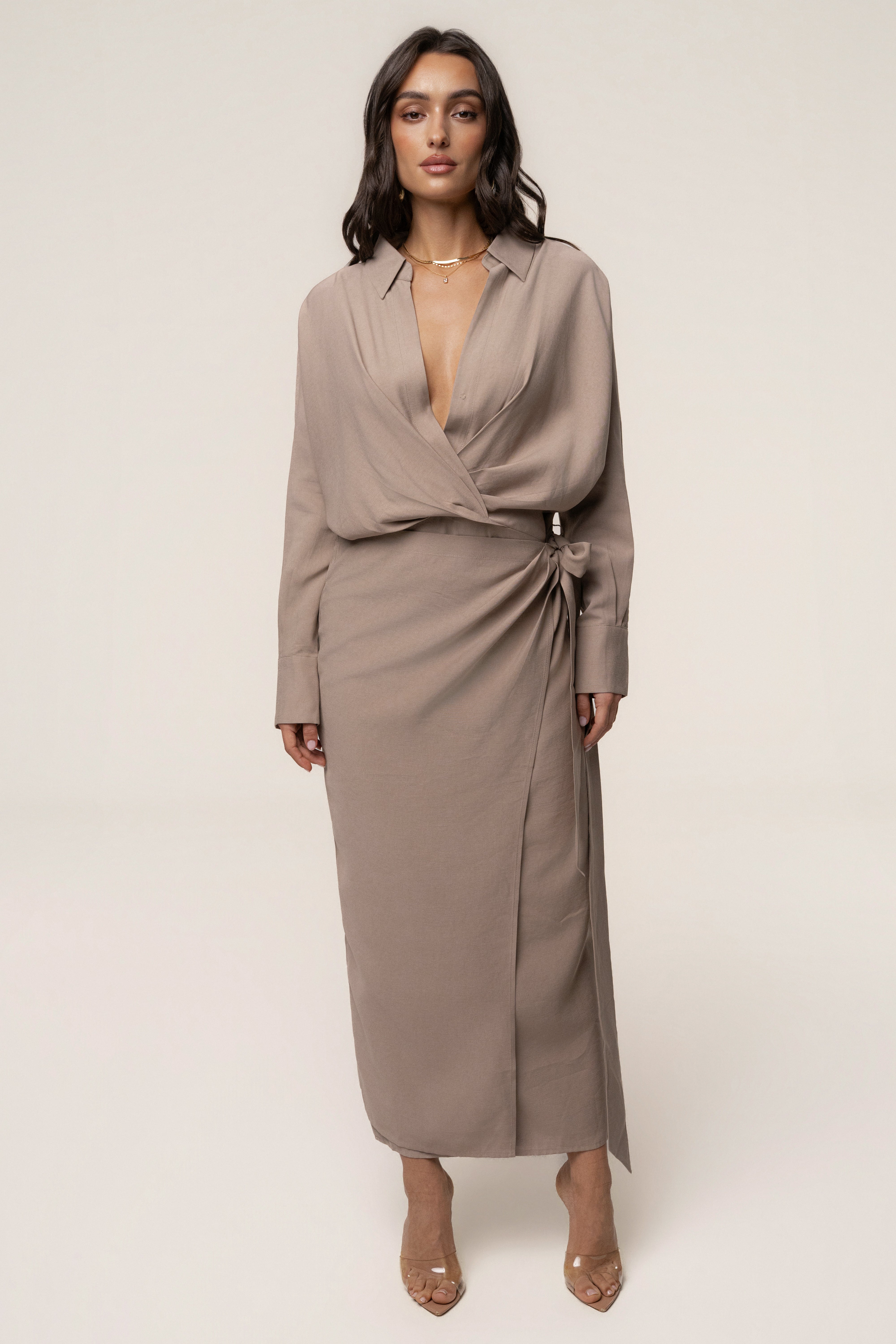Beige Skyline Wrap Midi Dress - JLUXLABEL