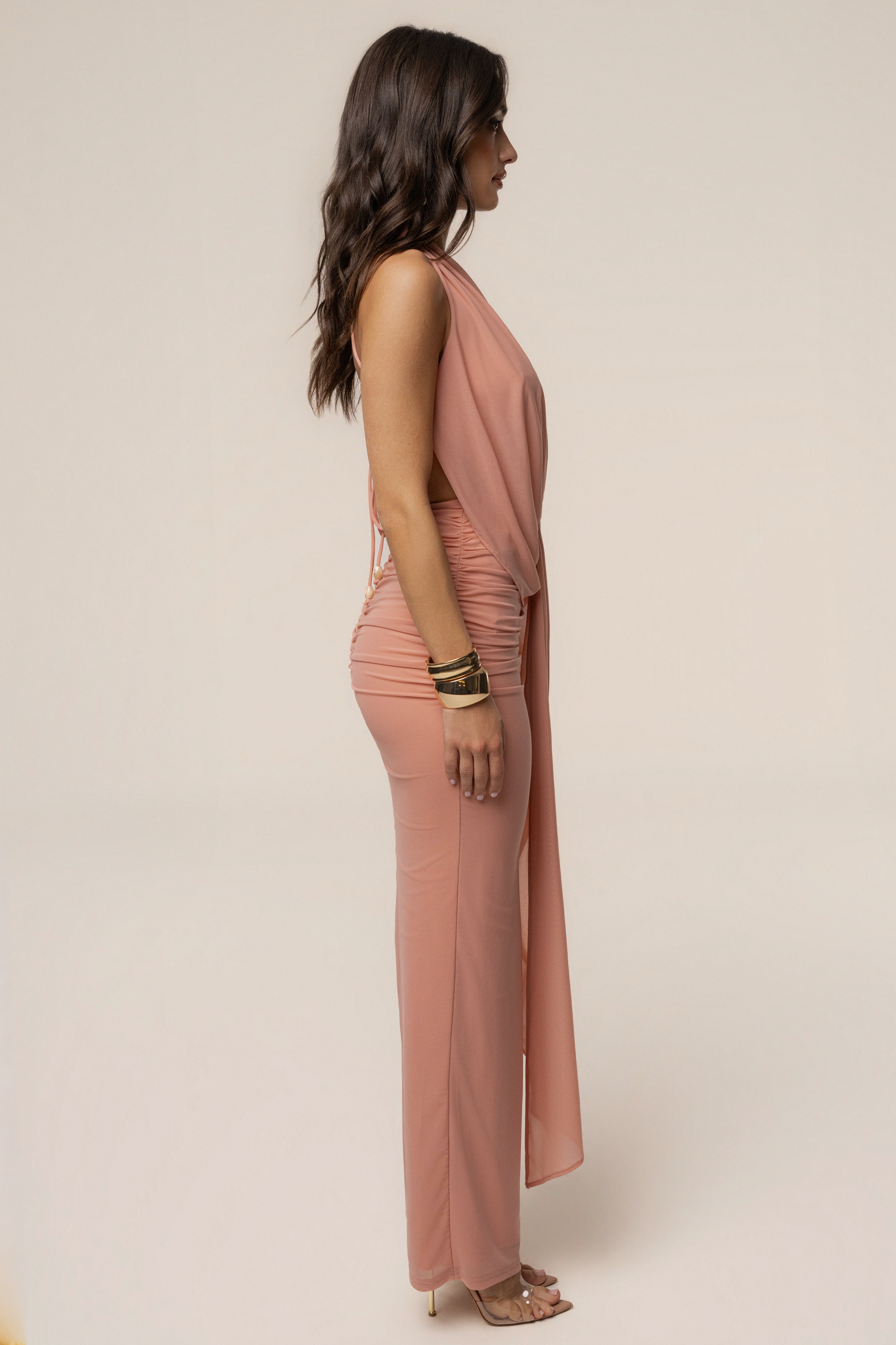 Peach Alaina Plunge Maxi Dress - JLUXLABEL