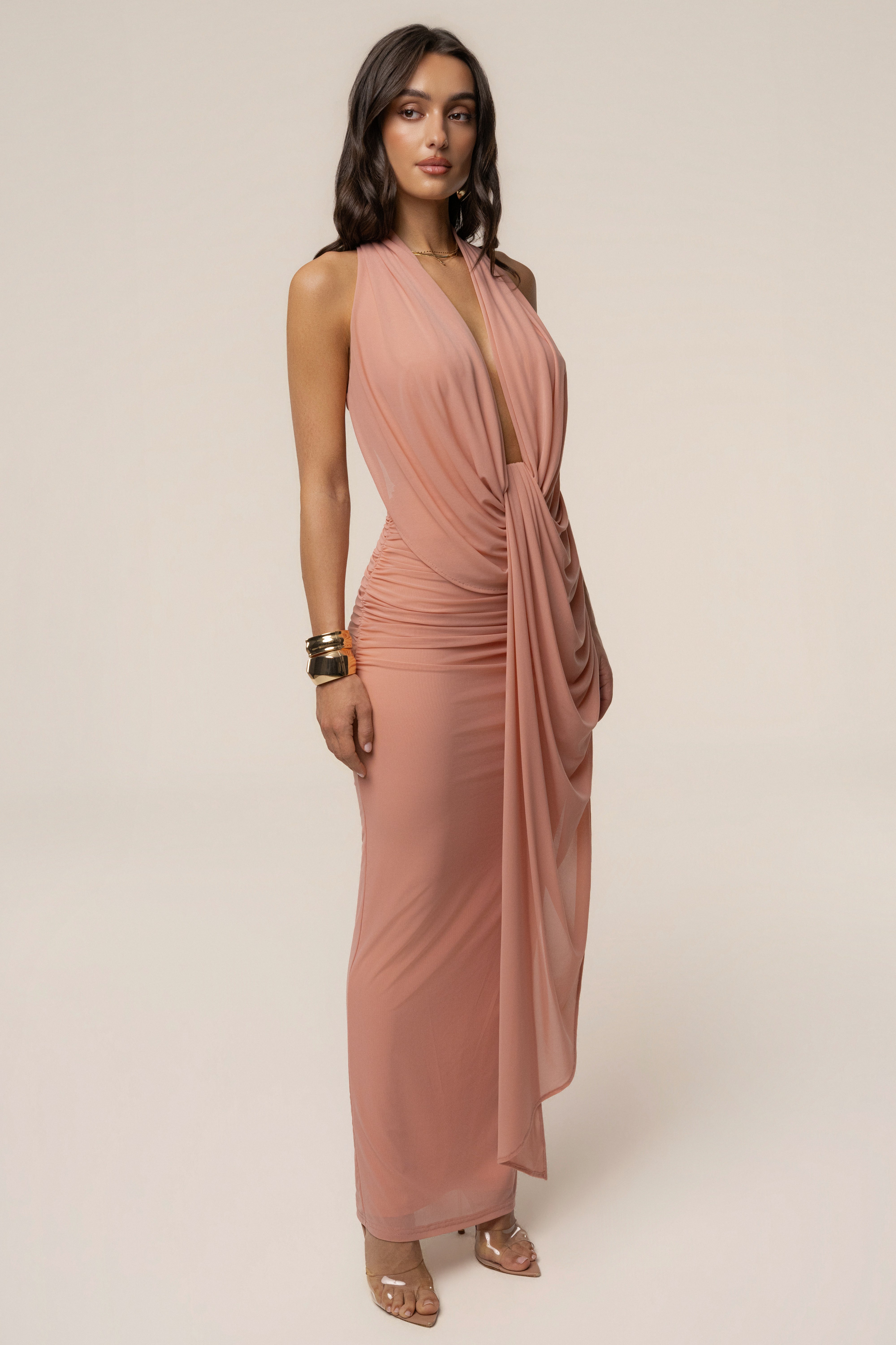 Peach Alaina Plunge Maxi Dress - JLUXLABEL