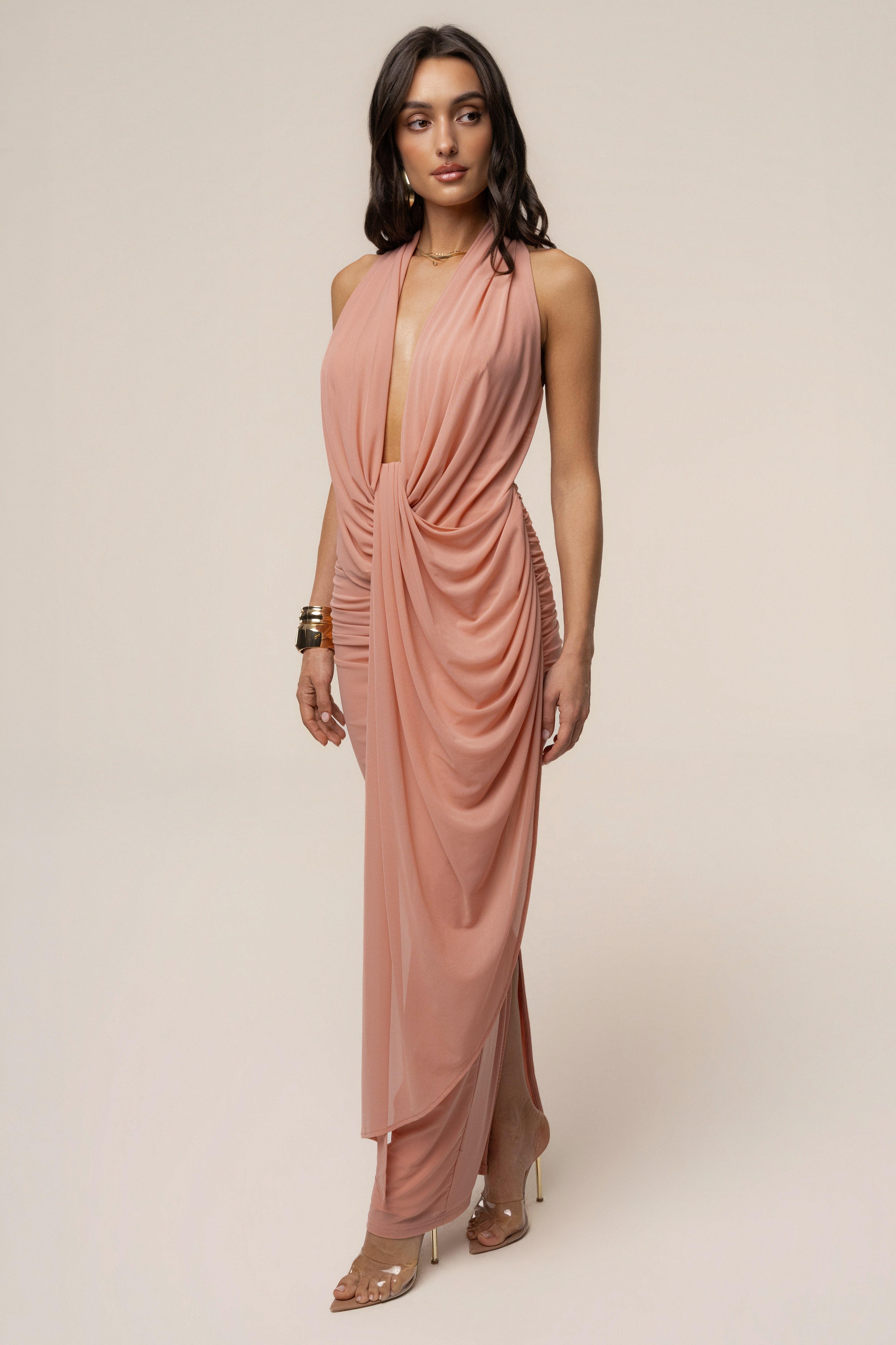 Peach Alaina Plunge Maxi Dress - JLUXLABEL