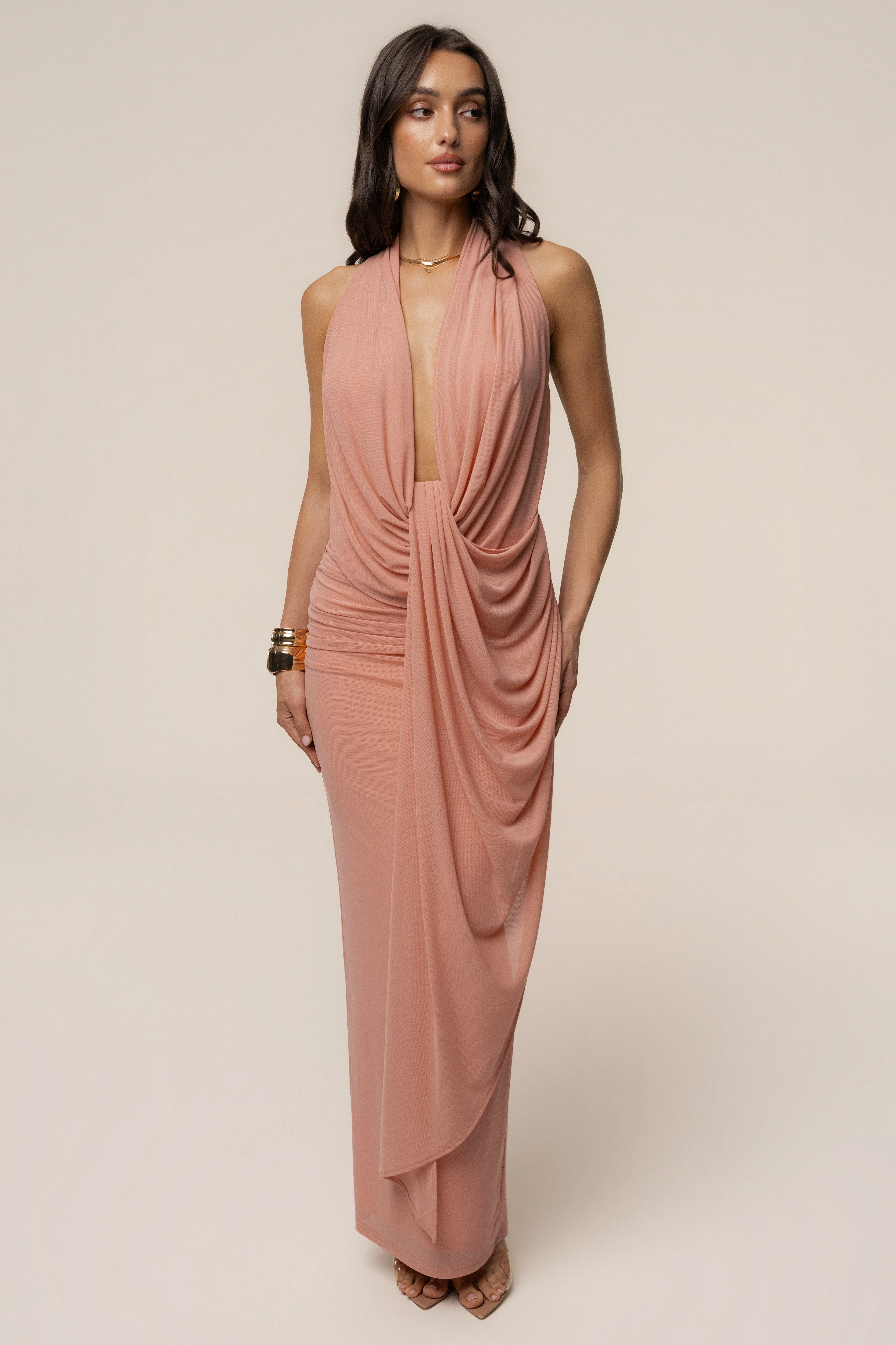 Peach Alaina Plunge Maxi Dress - JLUXLABEL