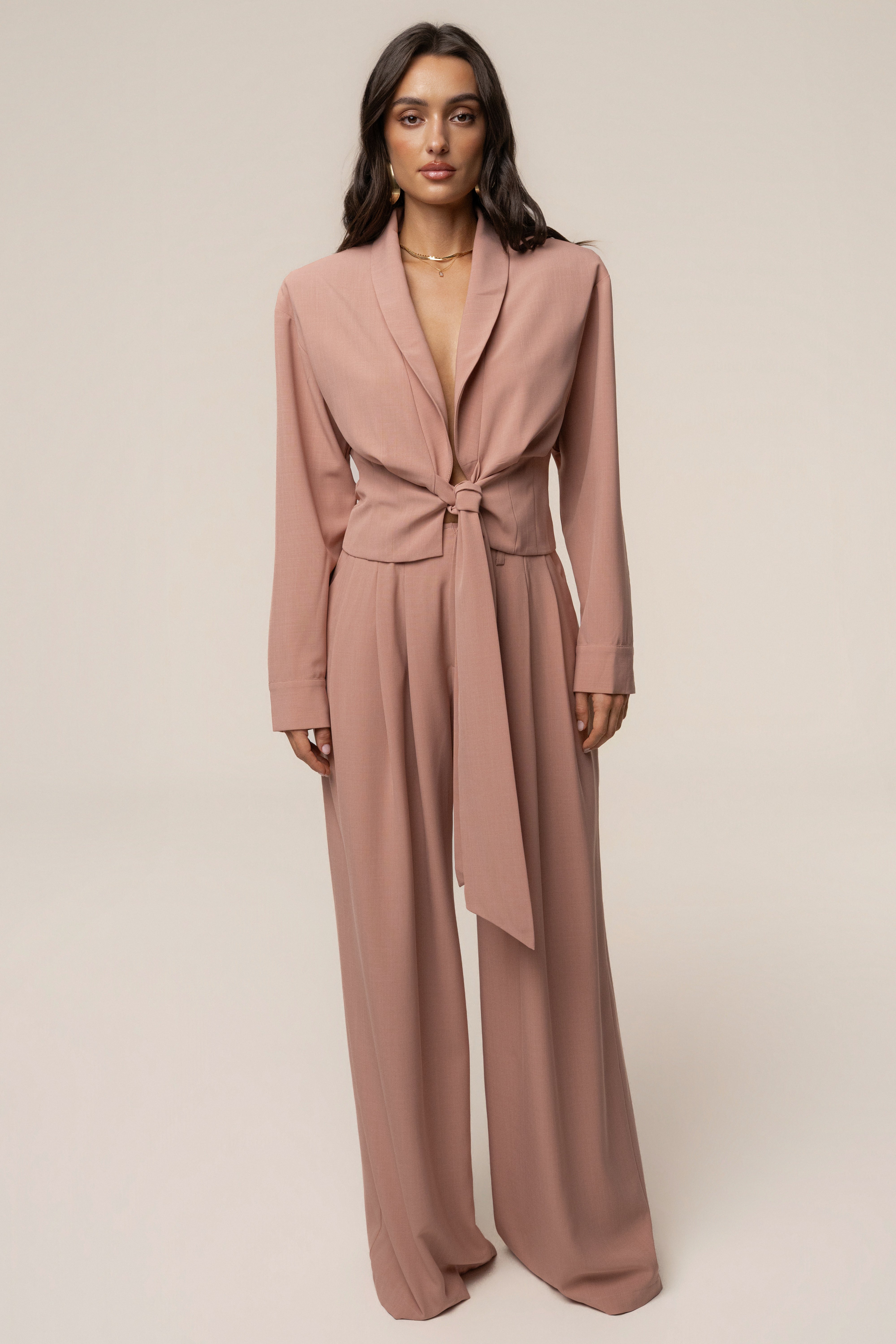 Mauve JLUXLABEL wrap top from the estate collection, featuring a stylish design and soft fabric, perfect for casual or dressy wear.