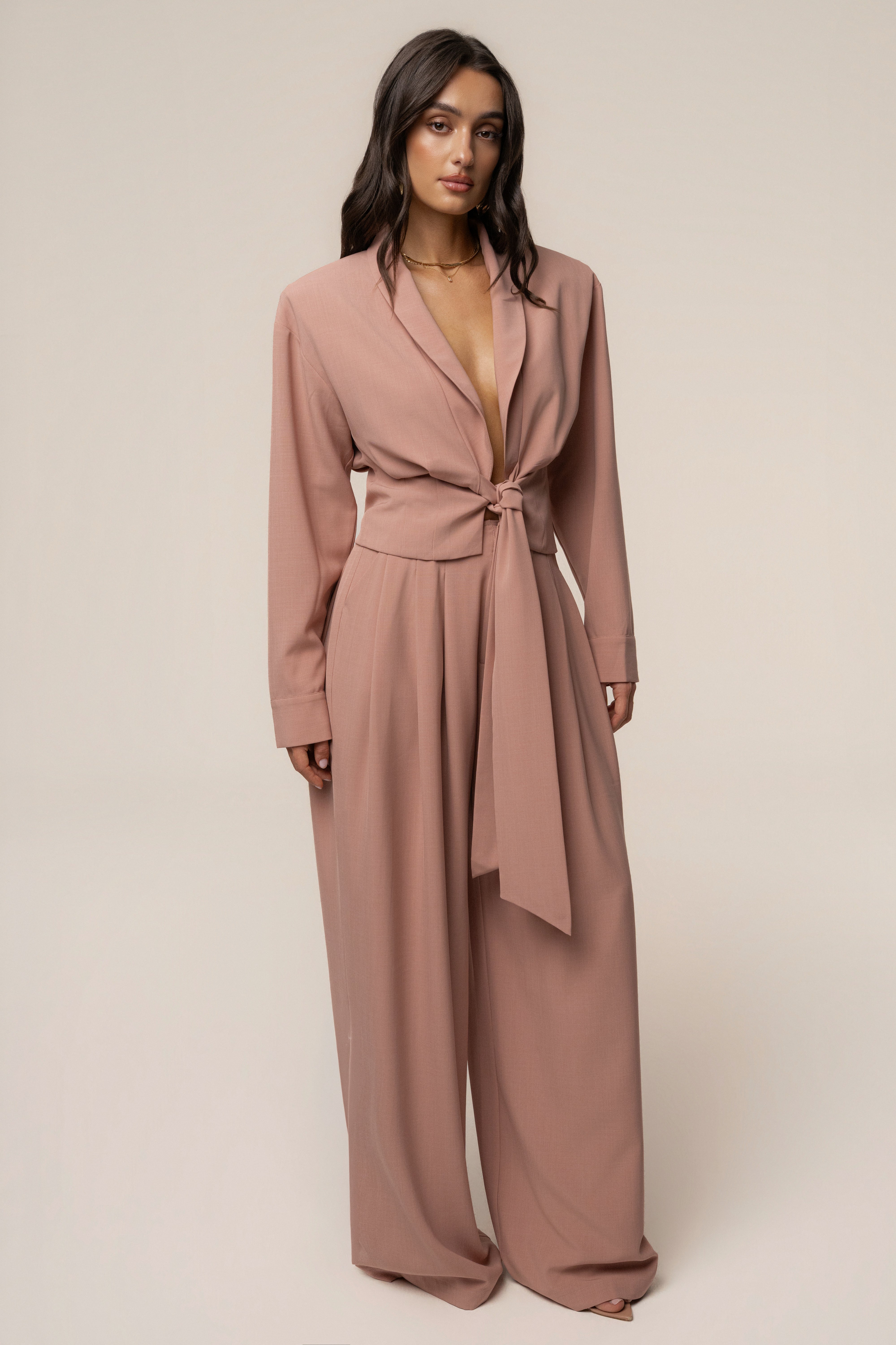 Mauve JLUXLABEL pleated trouser shown from the front, featuring a high waist and tailored fit, casual yet chic bottoms for women.