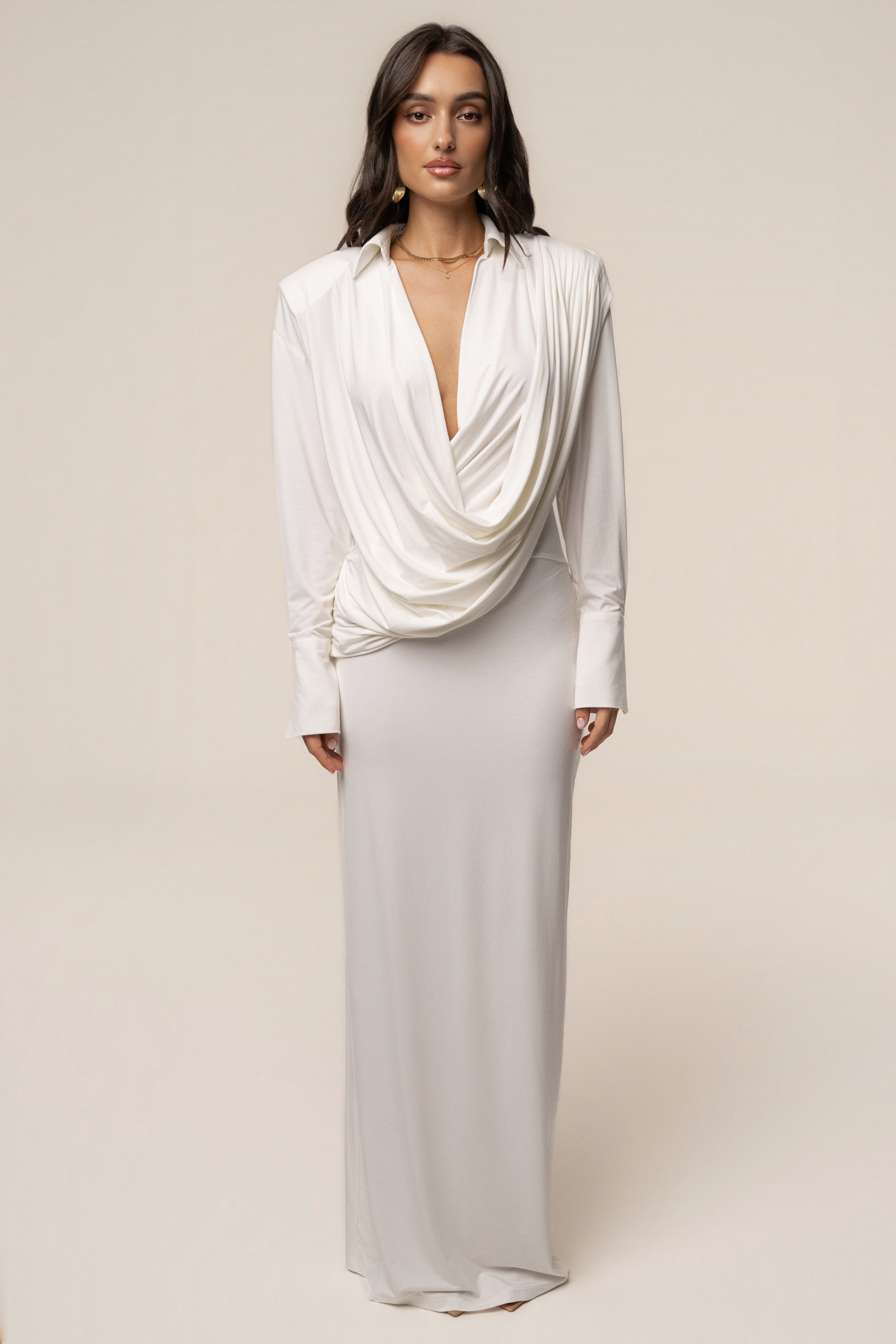 draped ivory dress Ivory Poise Draped Maxi Dress