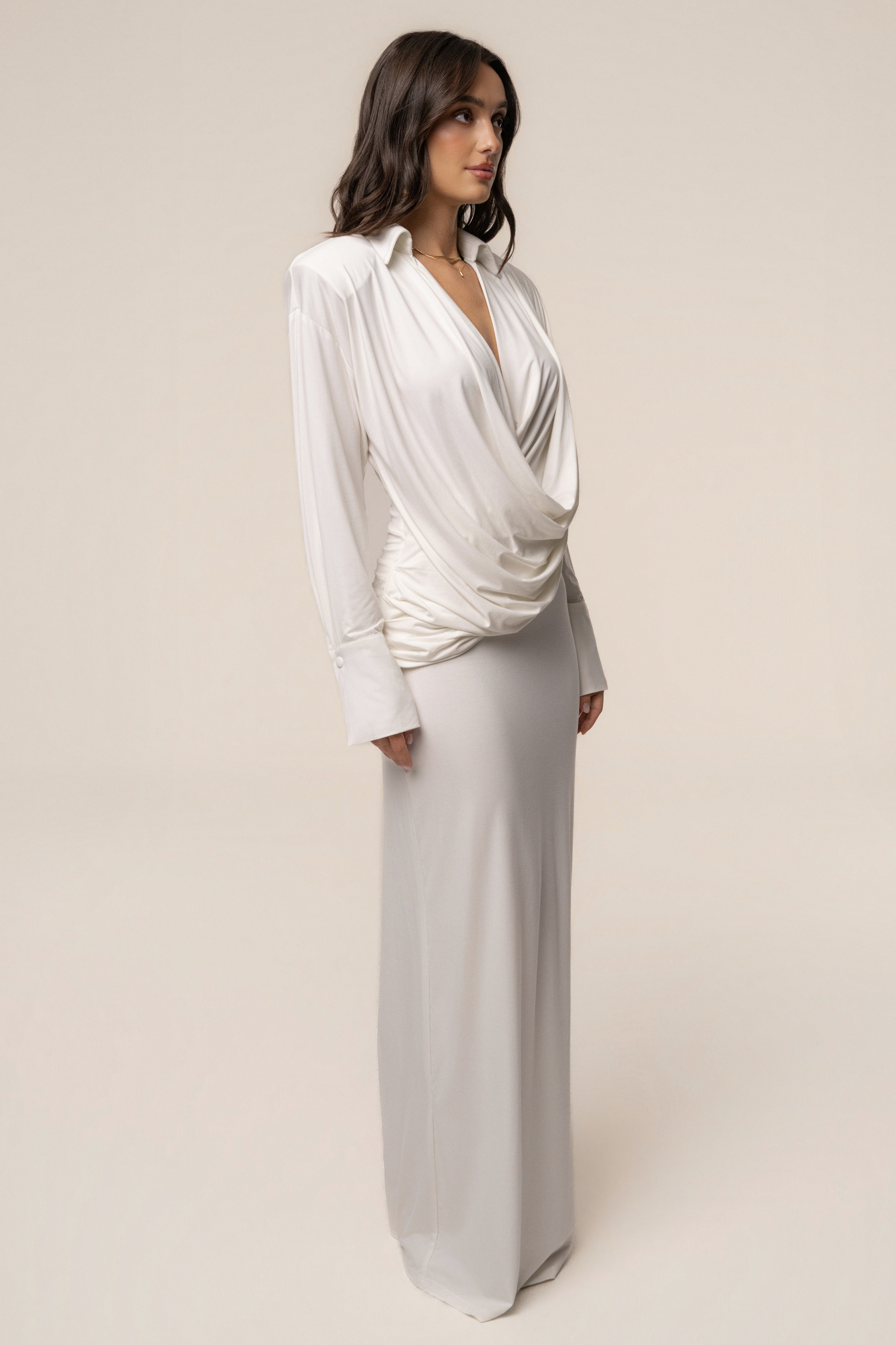Ivory Poise Draped Maxi Dress - JLUXLABEL