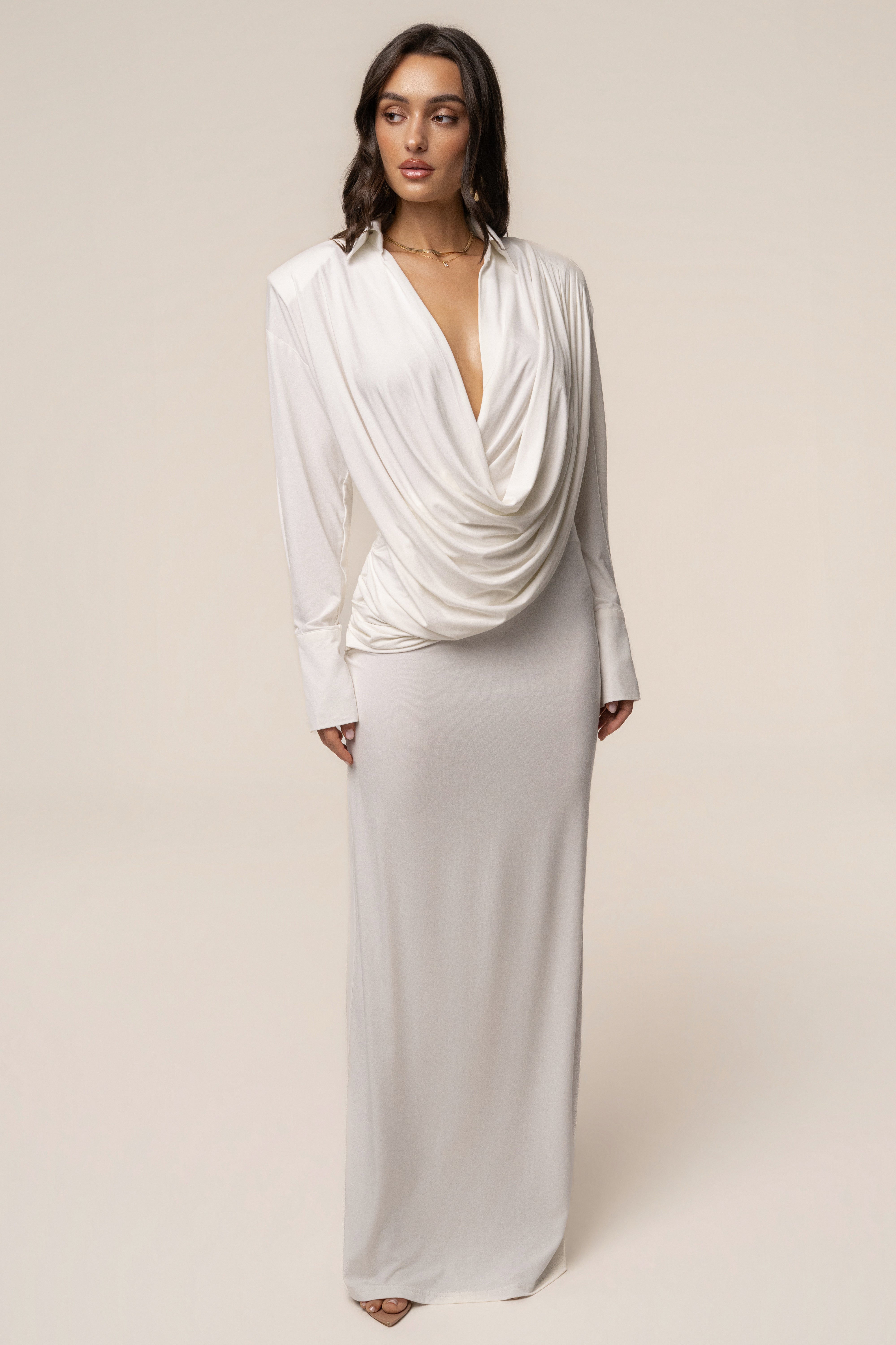 Ivory Poise Draped Maxi Dress - JLUXLABEL