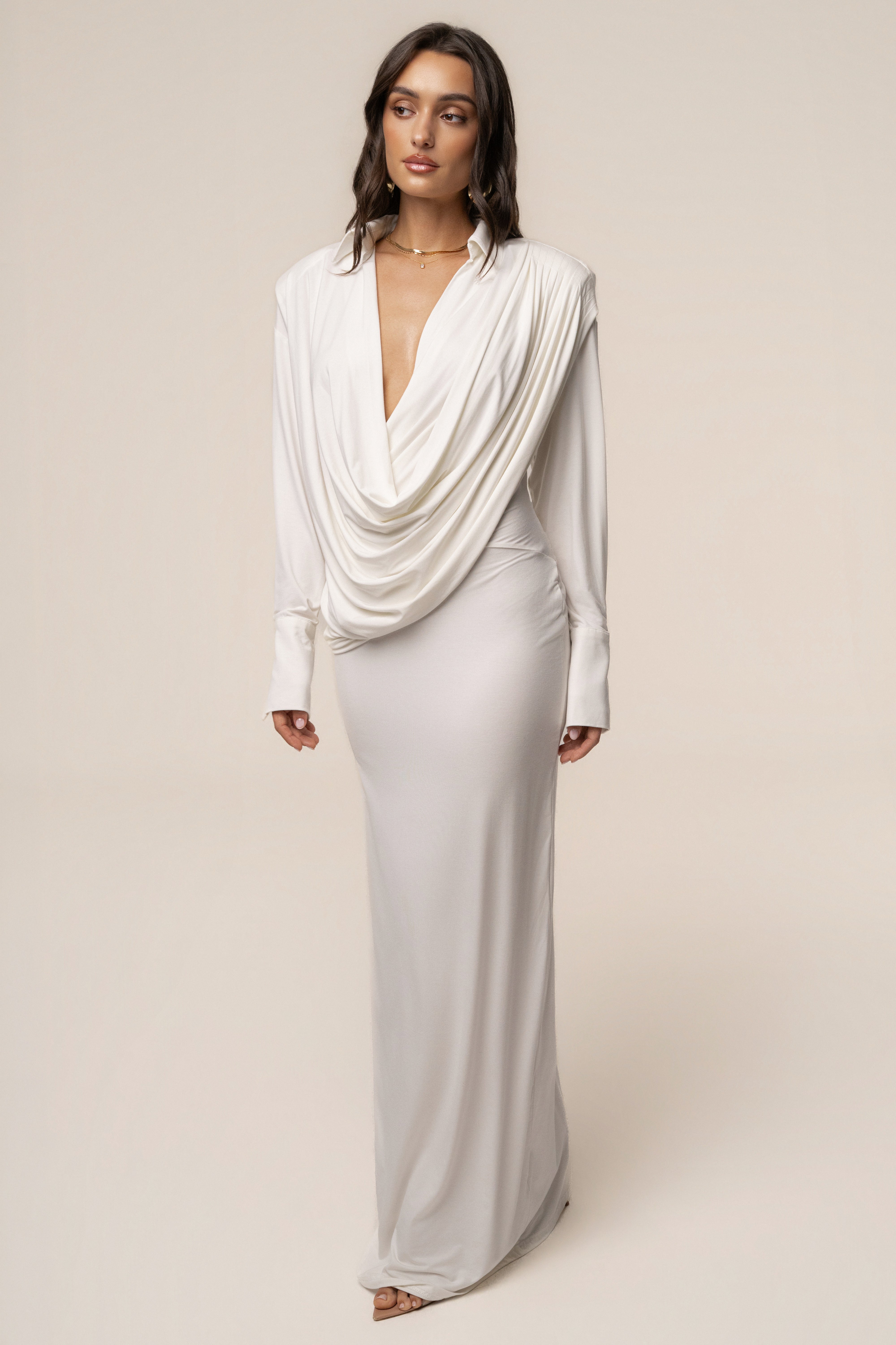 Ivory Poise Draped Maxi Dress - JLUXLABEL