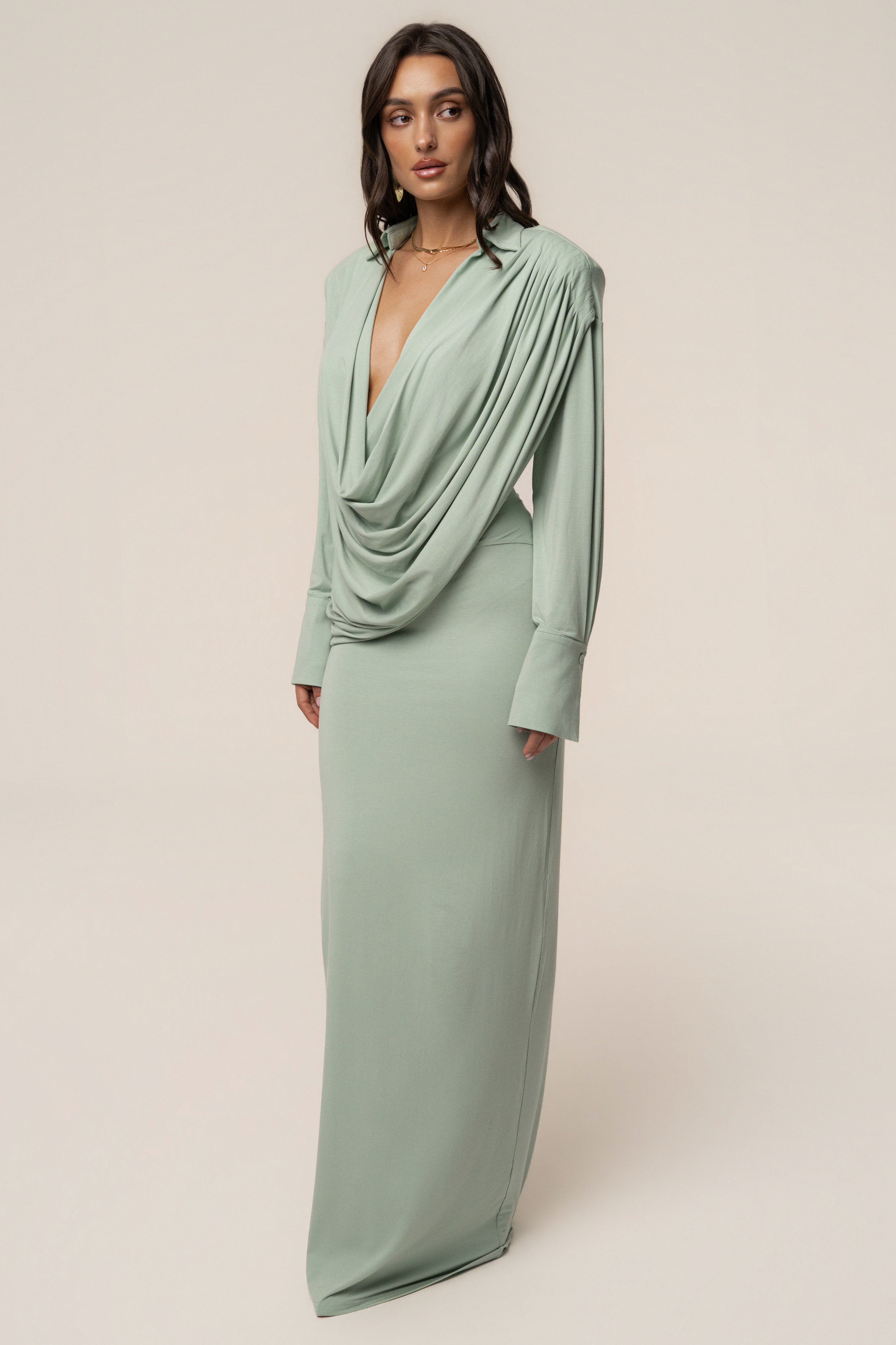 Mint Poise Draped Maxi Dress | JLUXLABEL