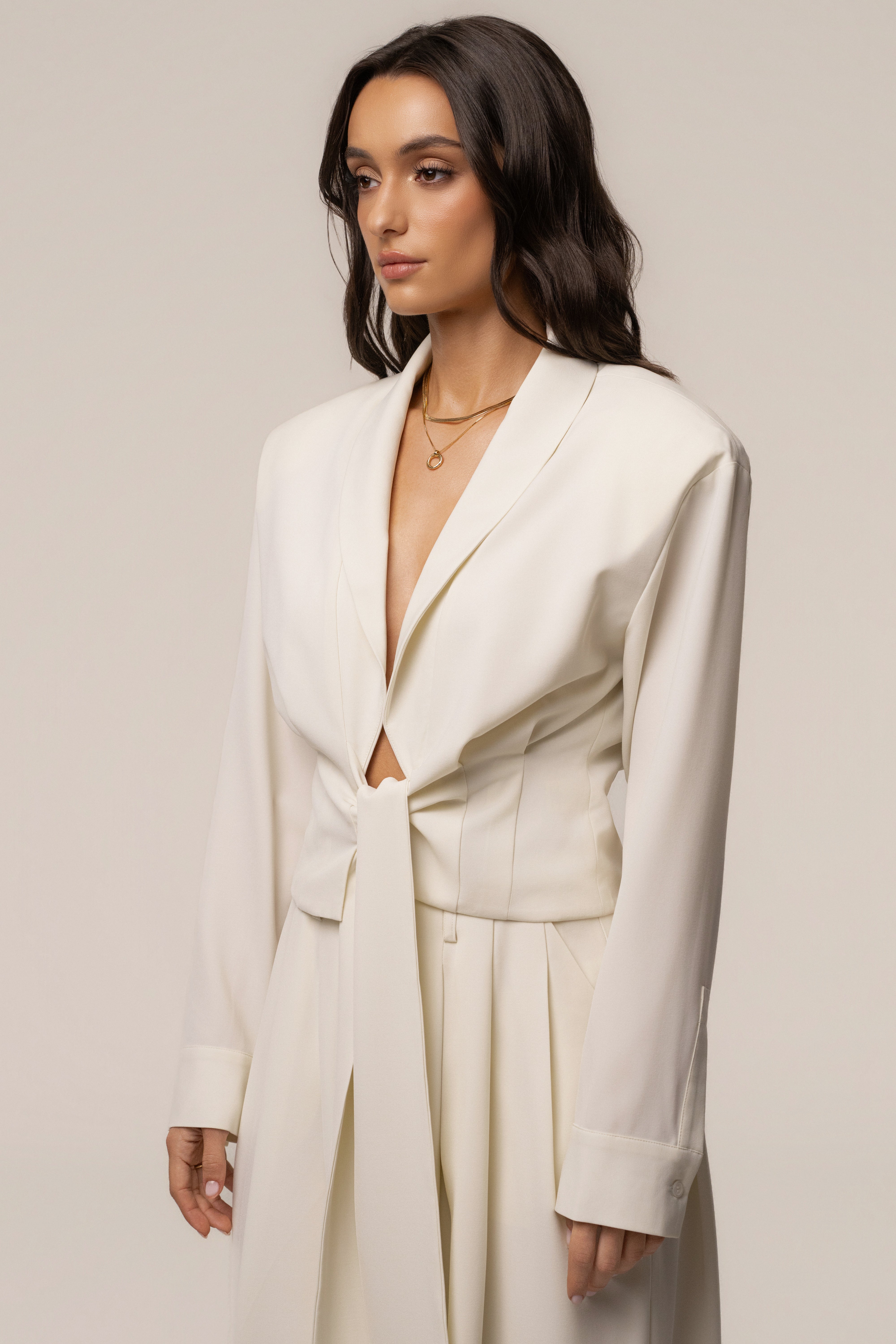 JLUXLABEL Cream Estate Wrap Top, stylish women's blouse with elegant wrap design, perfect for chic casual or dressy occasions.