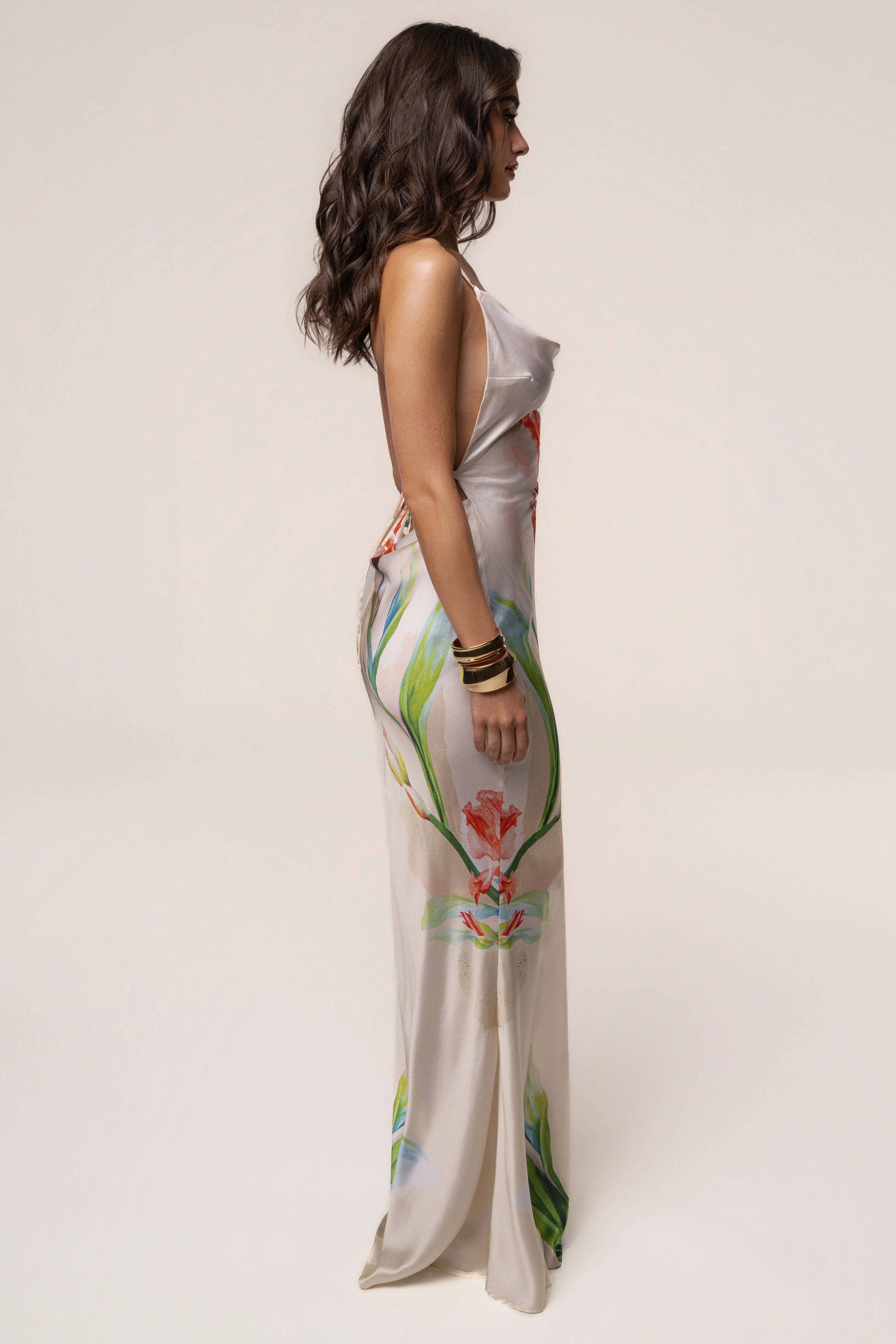 Ivory Satin Floral Print Maxi Dress - JLUXLABEL