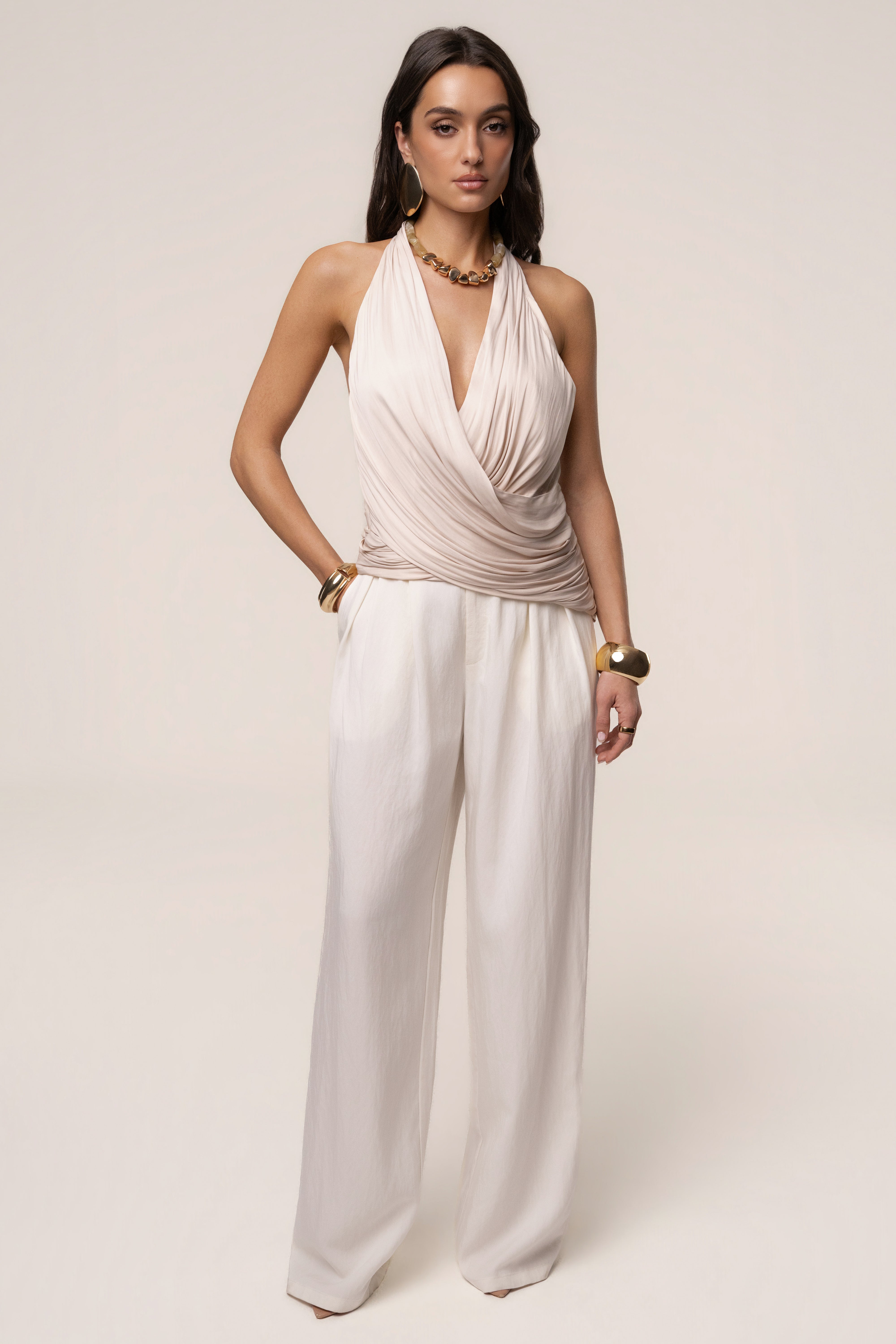 Beige Villa Draped Halter Top - JLUXLABEL