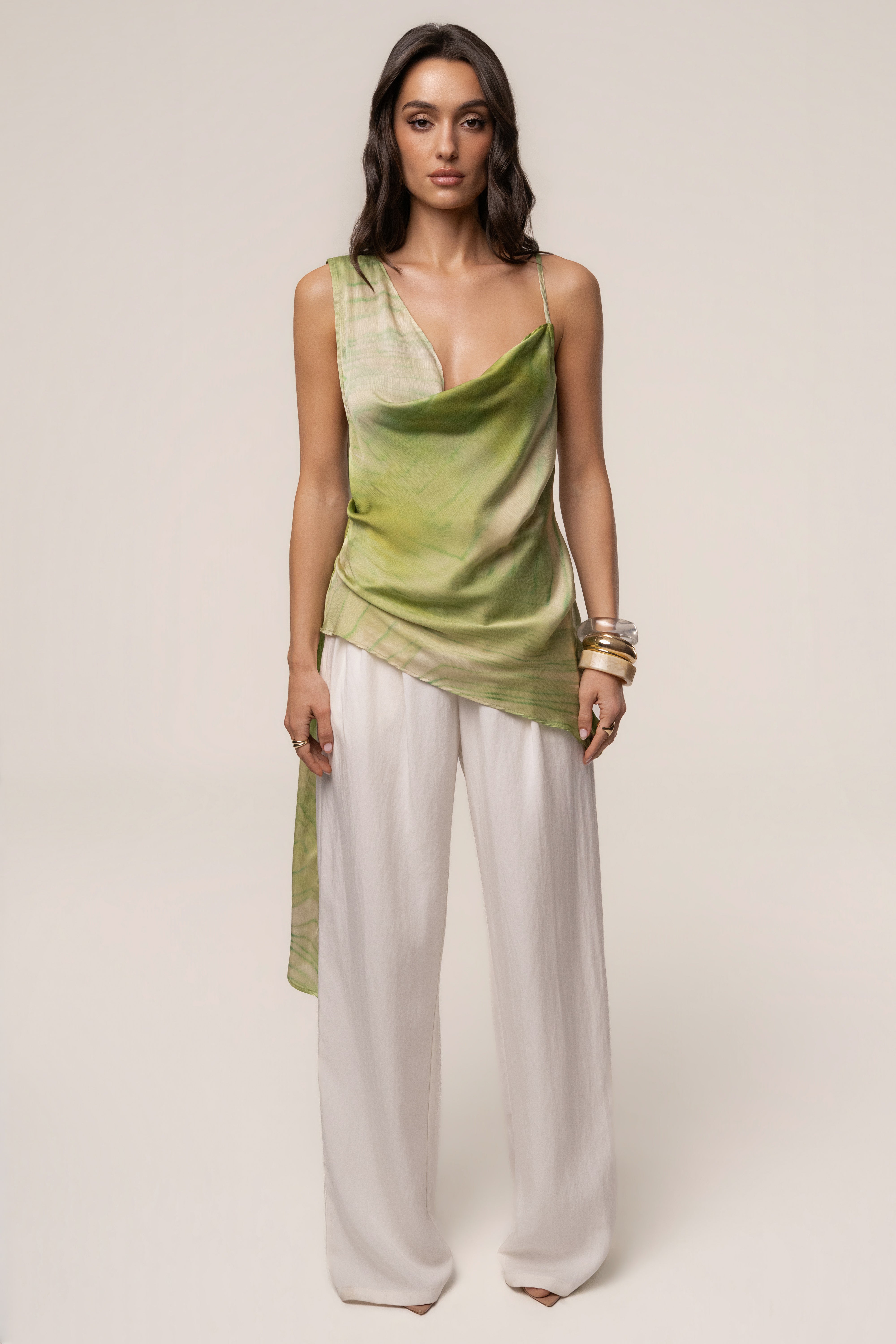 Green Print Selene Asymmetrical Top - JLUXLABEL