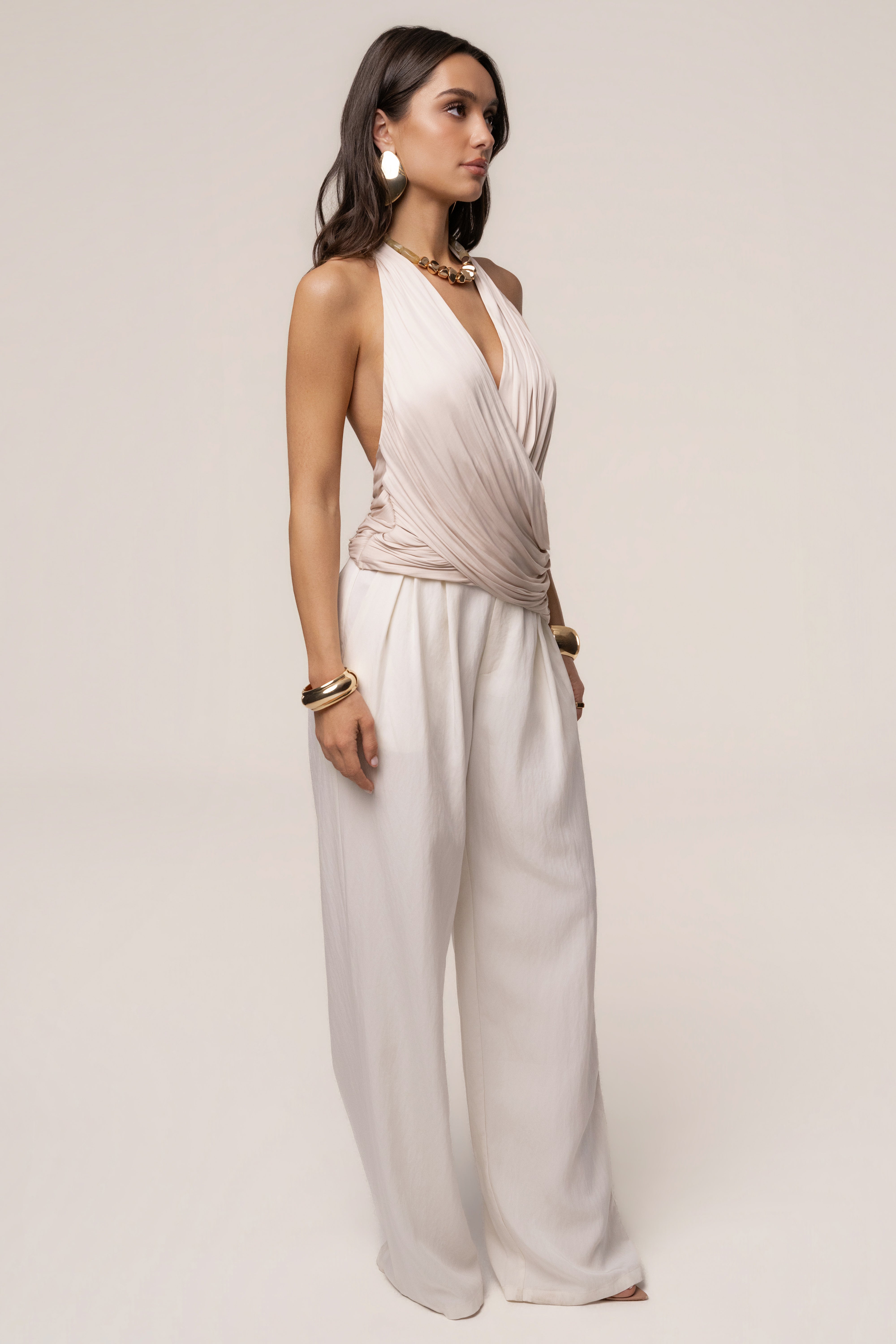 Beige Villa Draped Halter Top - JLUXLABEL