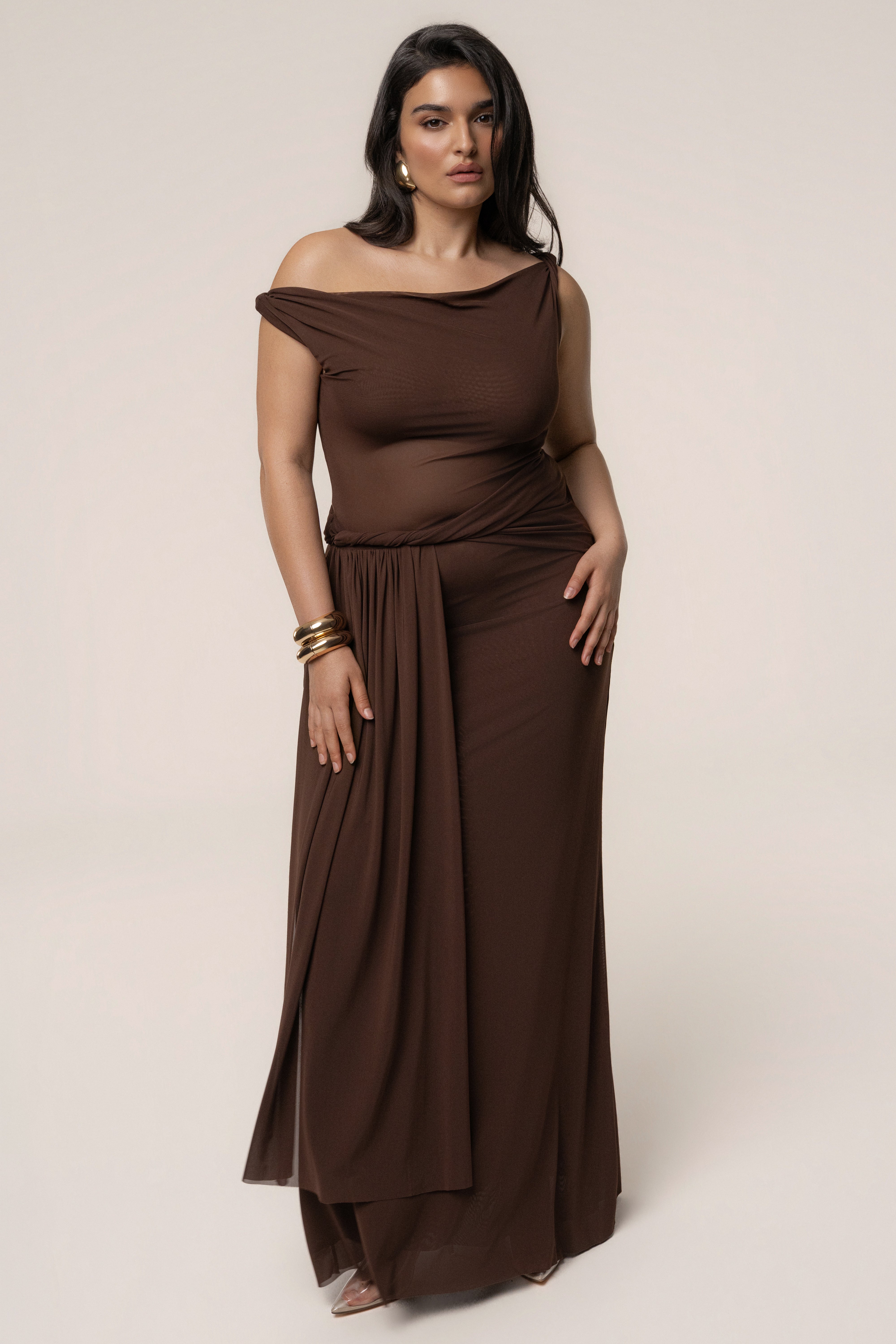 Brown Serenity Drape Gown | JLUXLABEL