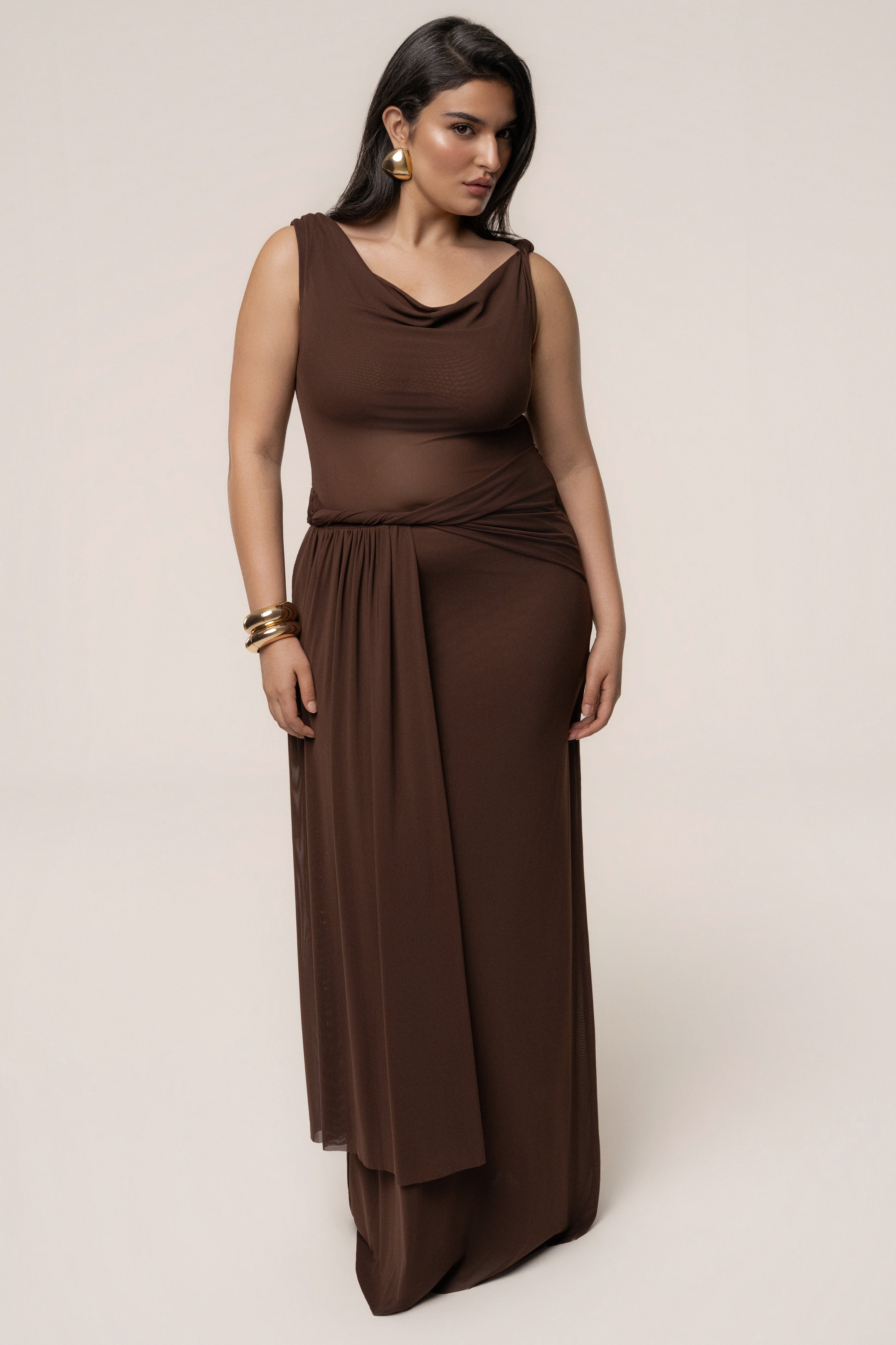 Brown Serenity Drape Gown - JLUXLABEL