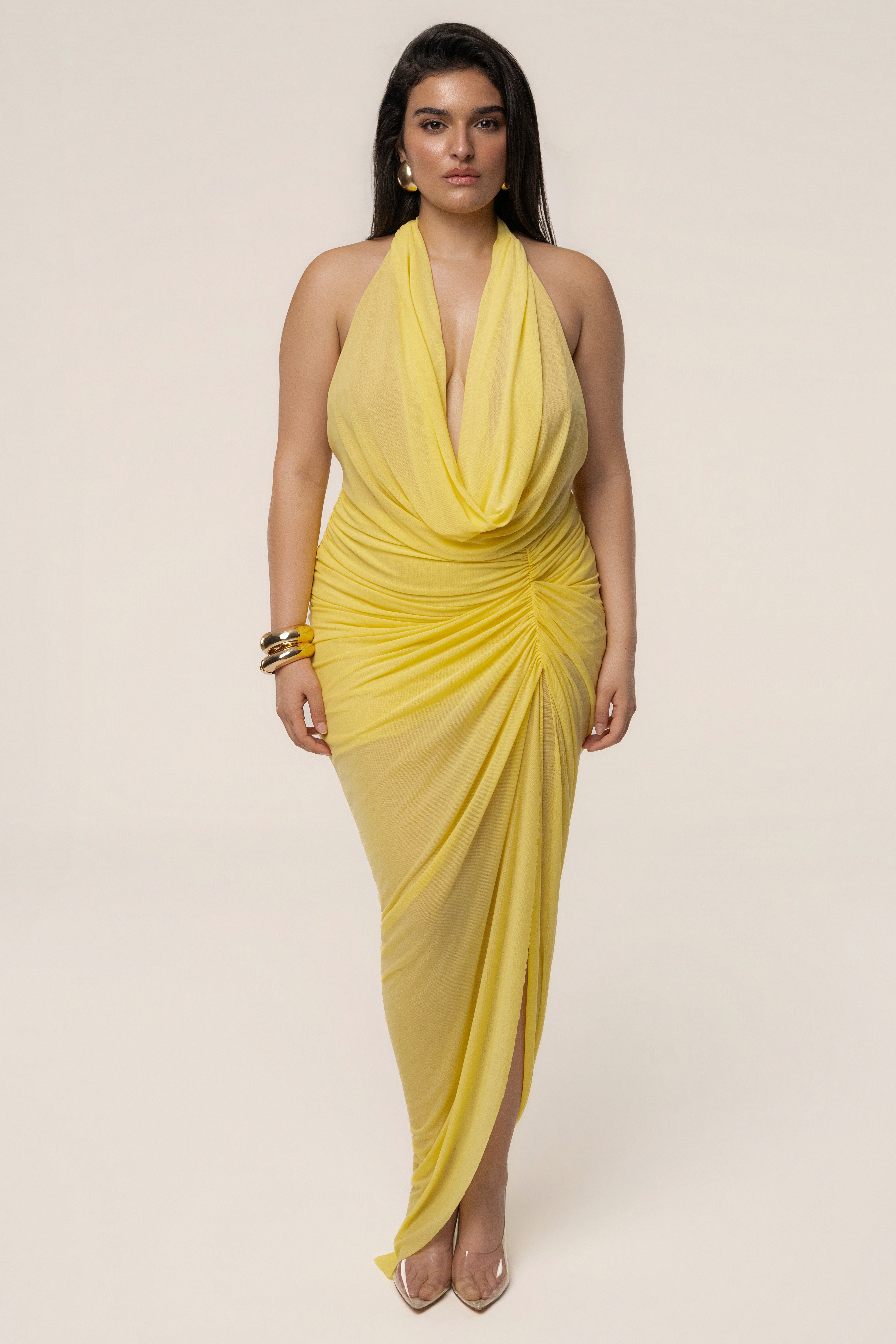 Yellow Ariana Plunge Halter Dress - JLUXLABEL