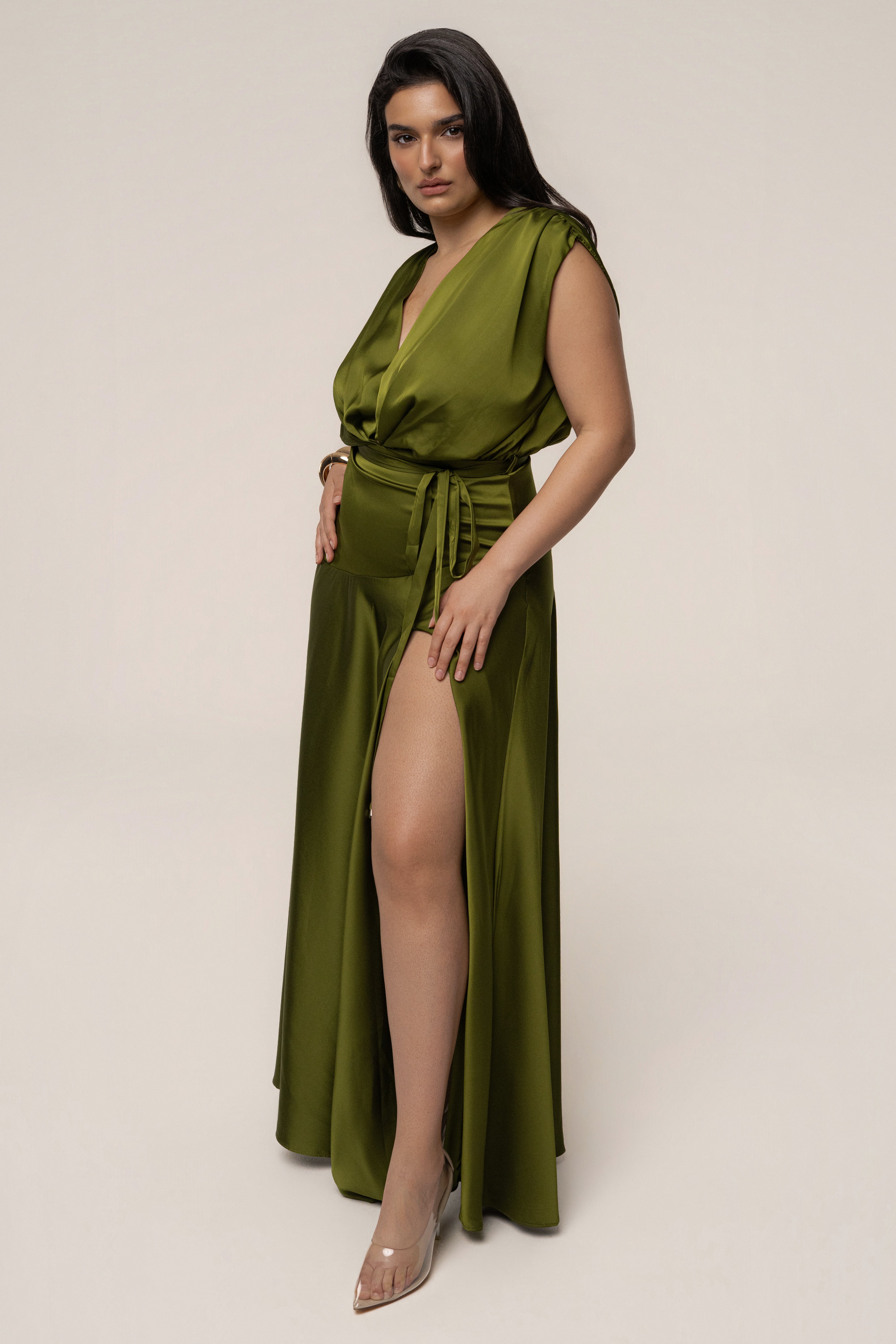 Olive Amalia Satin Maxi Dress - JLUXLABEL