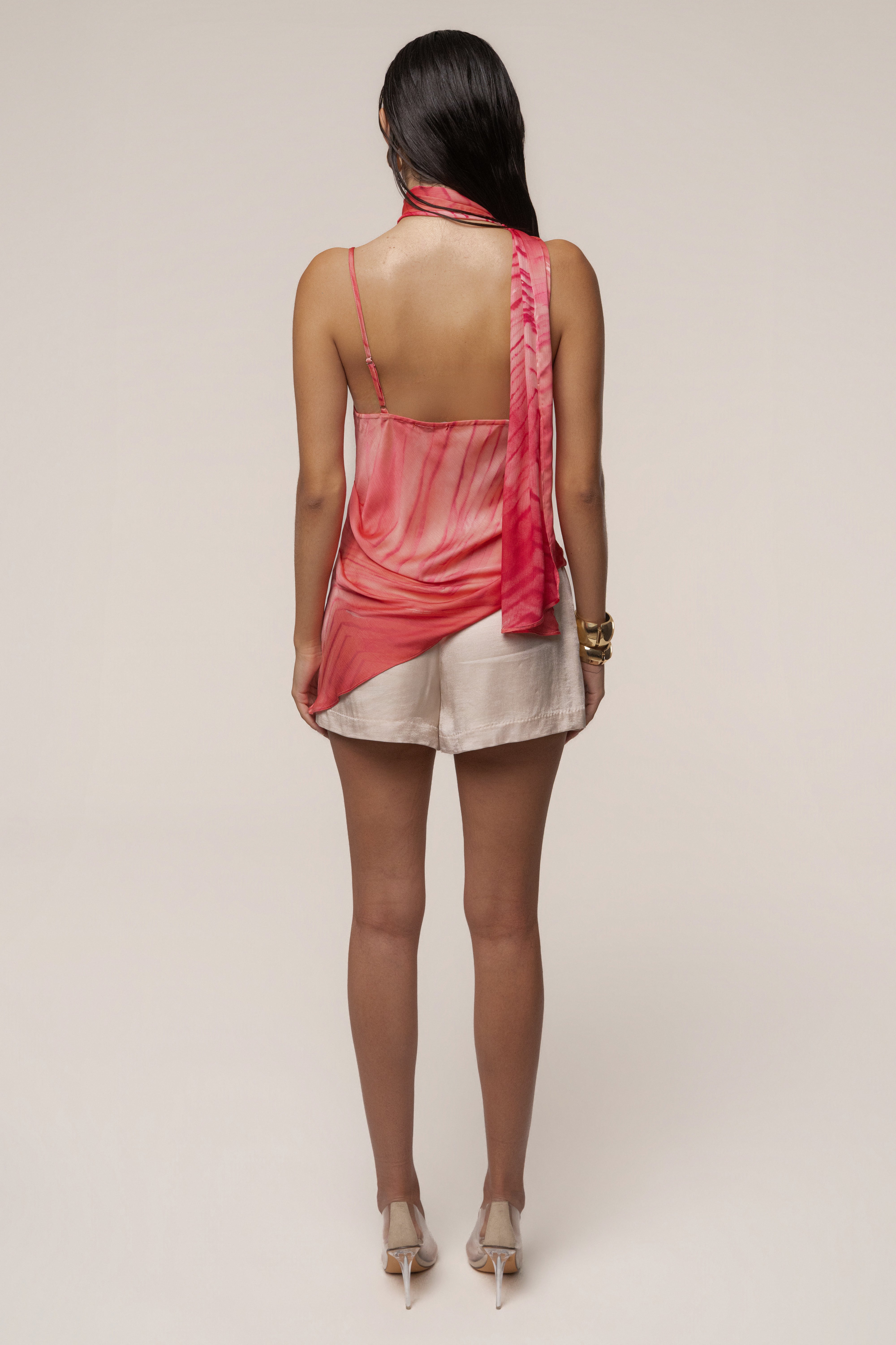 Coral JLUXLABEL Selene asymmetrical top with one-shoulder design and ruffled details, stylish women's fashion top.