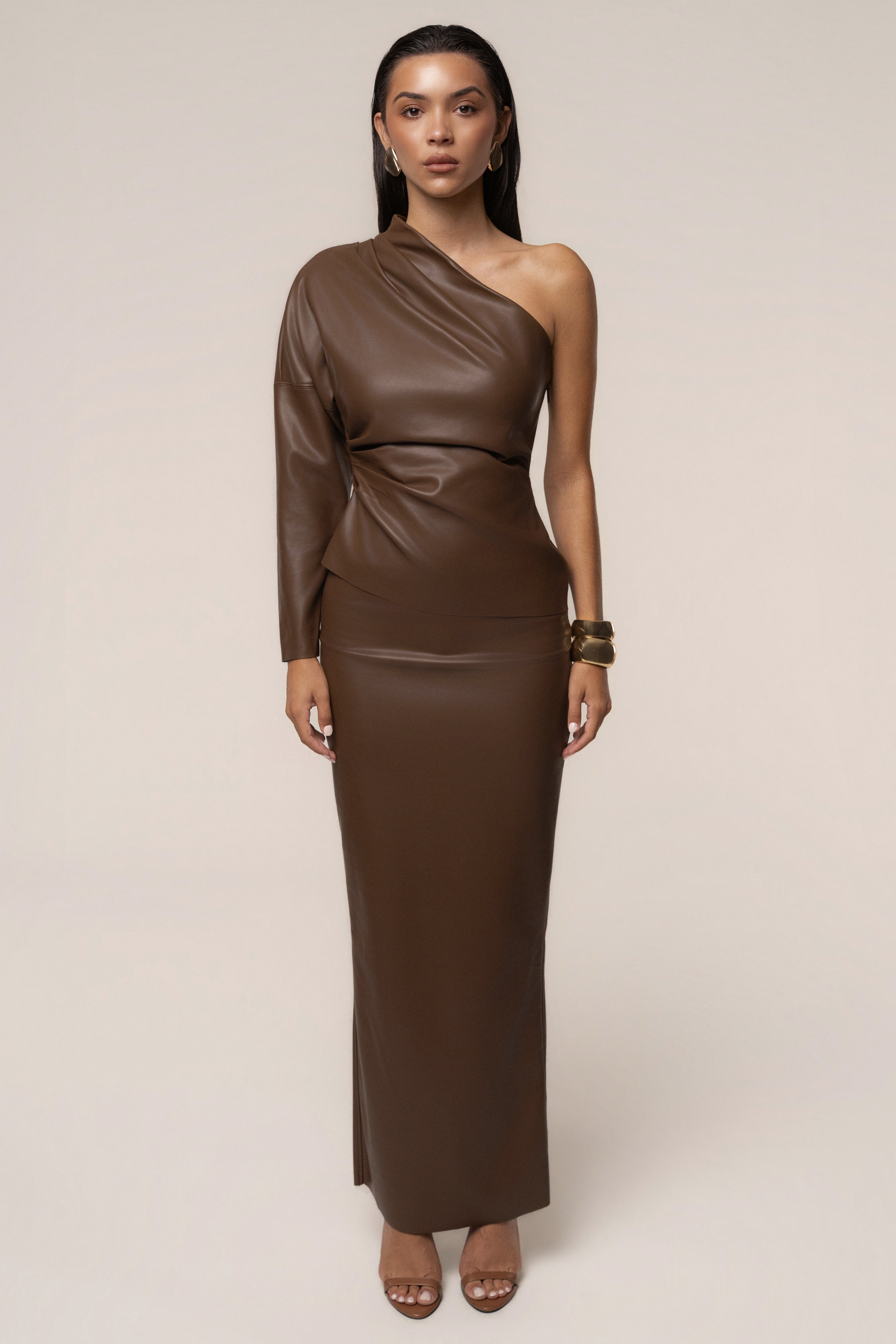 Chocolate Demi PU Leather One Shoulder Top - JLUXLABEL