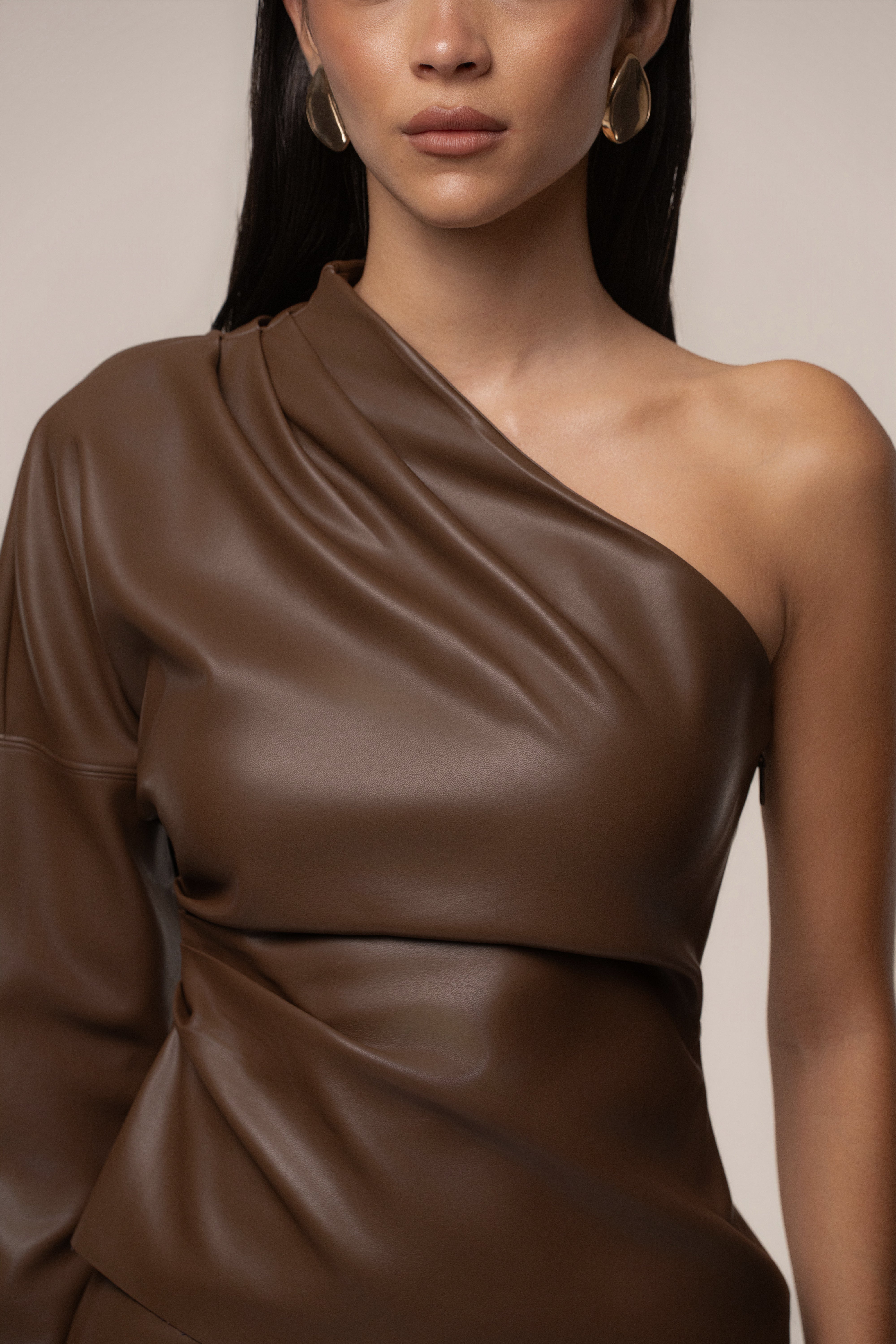 Chocolate Demi PU Leather One Shoulder Top - JLUXLABEL