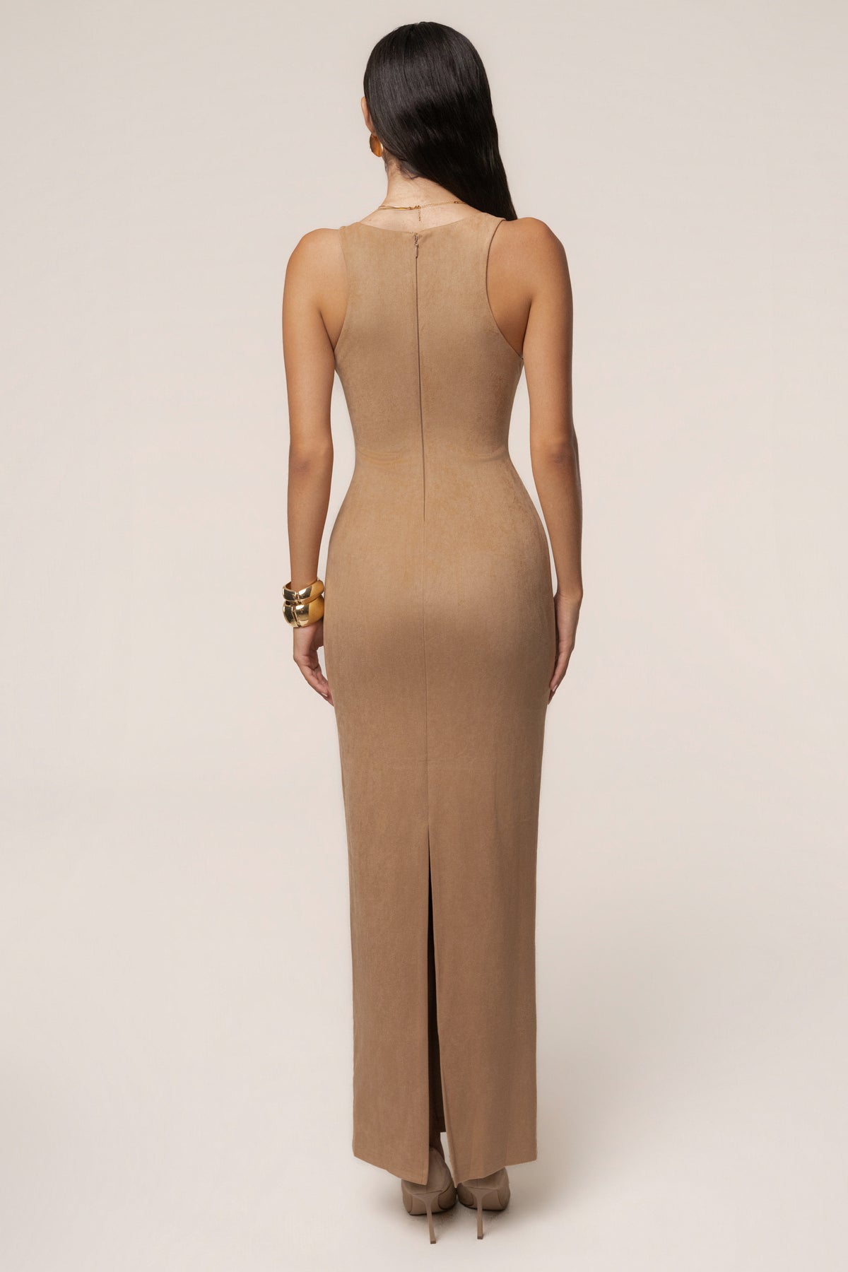 Taupe Sculpt Suede Maxi Dress - JLUXLABEL