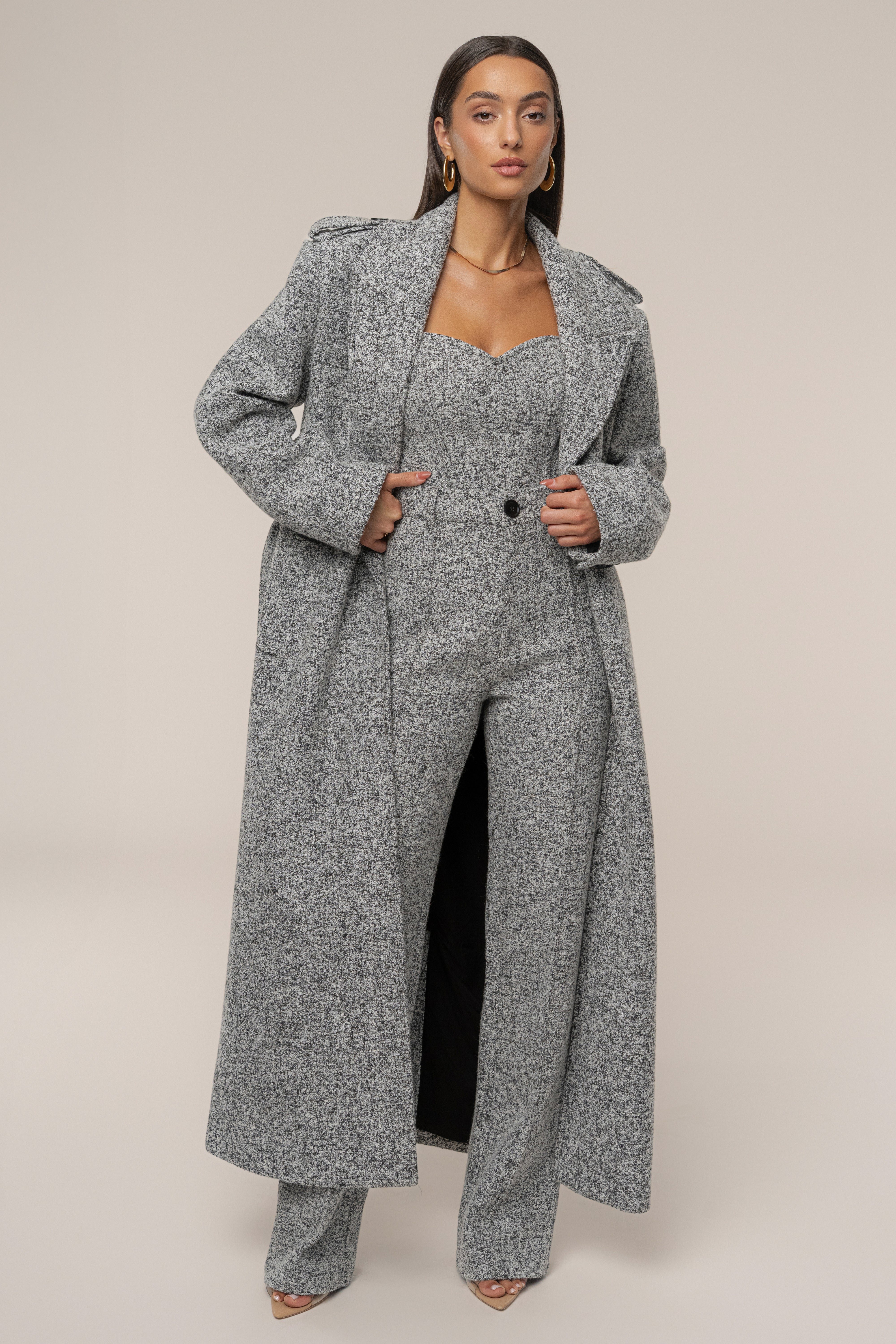 Lt. Grey Savannah Belted Tweed Coat - JLUXLABEL