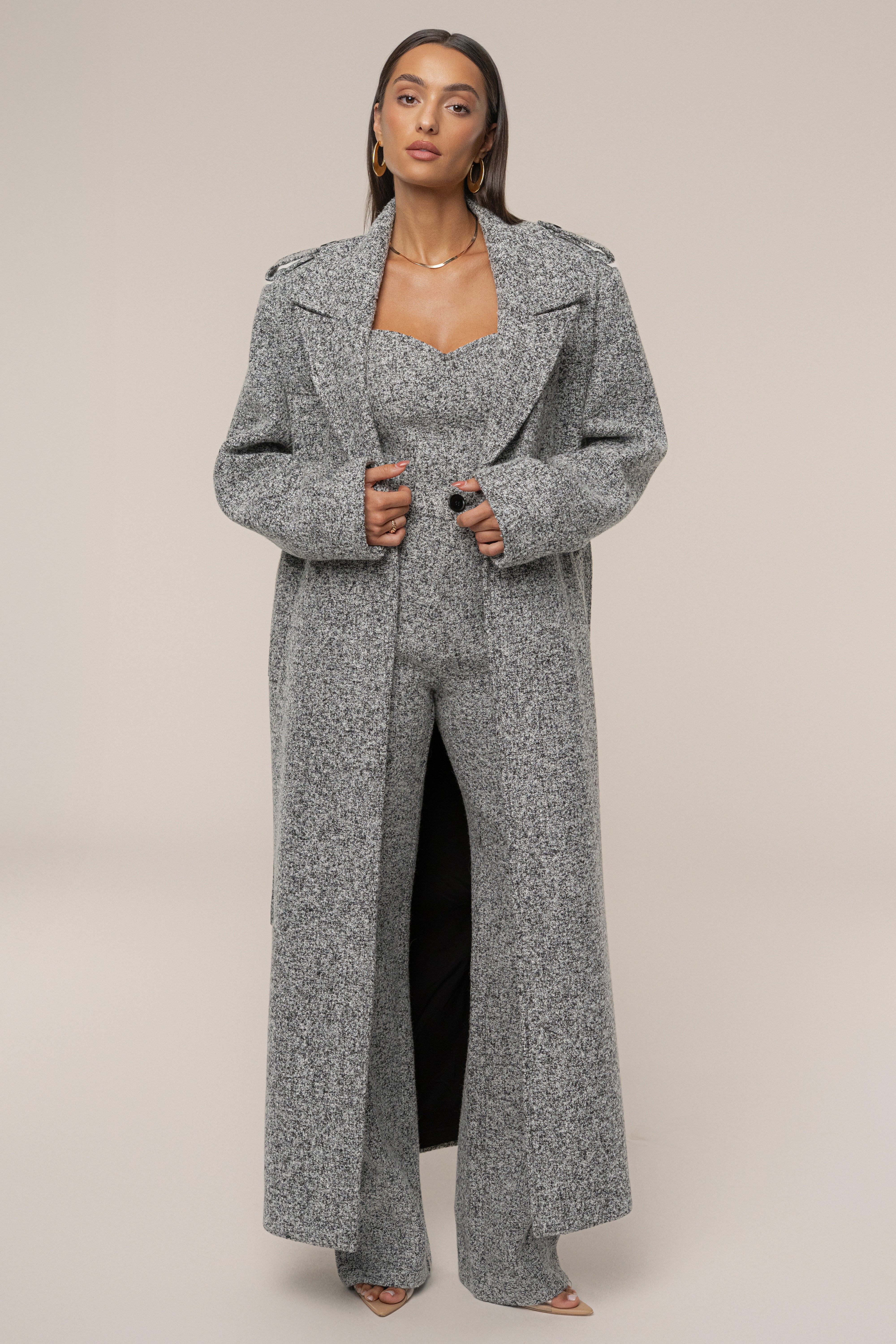 Lt. Grey Savannah Belted Tweed Coat - JLUXLABEL