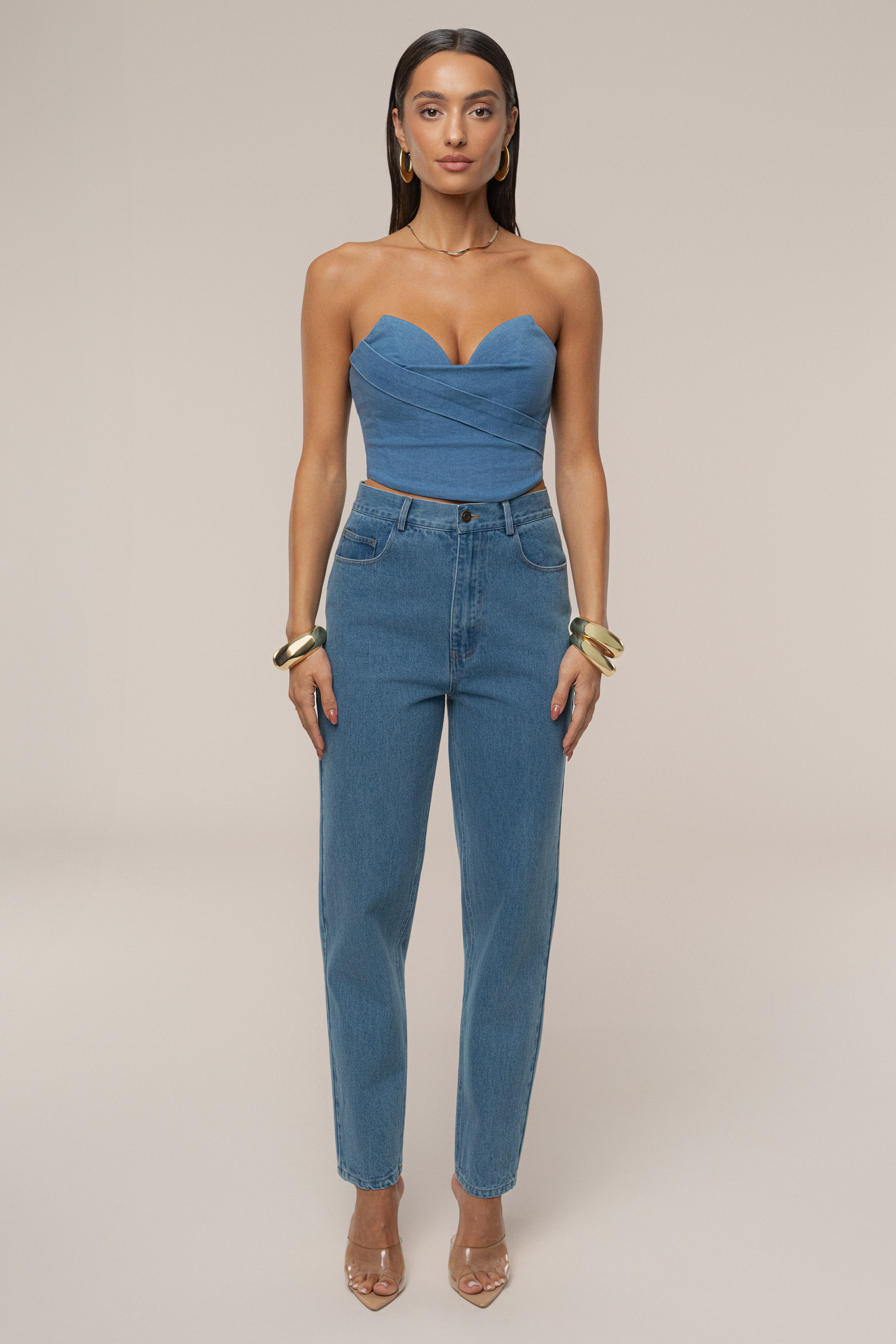 Medium Wash Teyana Denim Bustier - JLUXLABEL