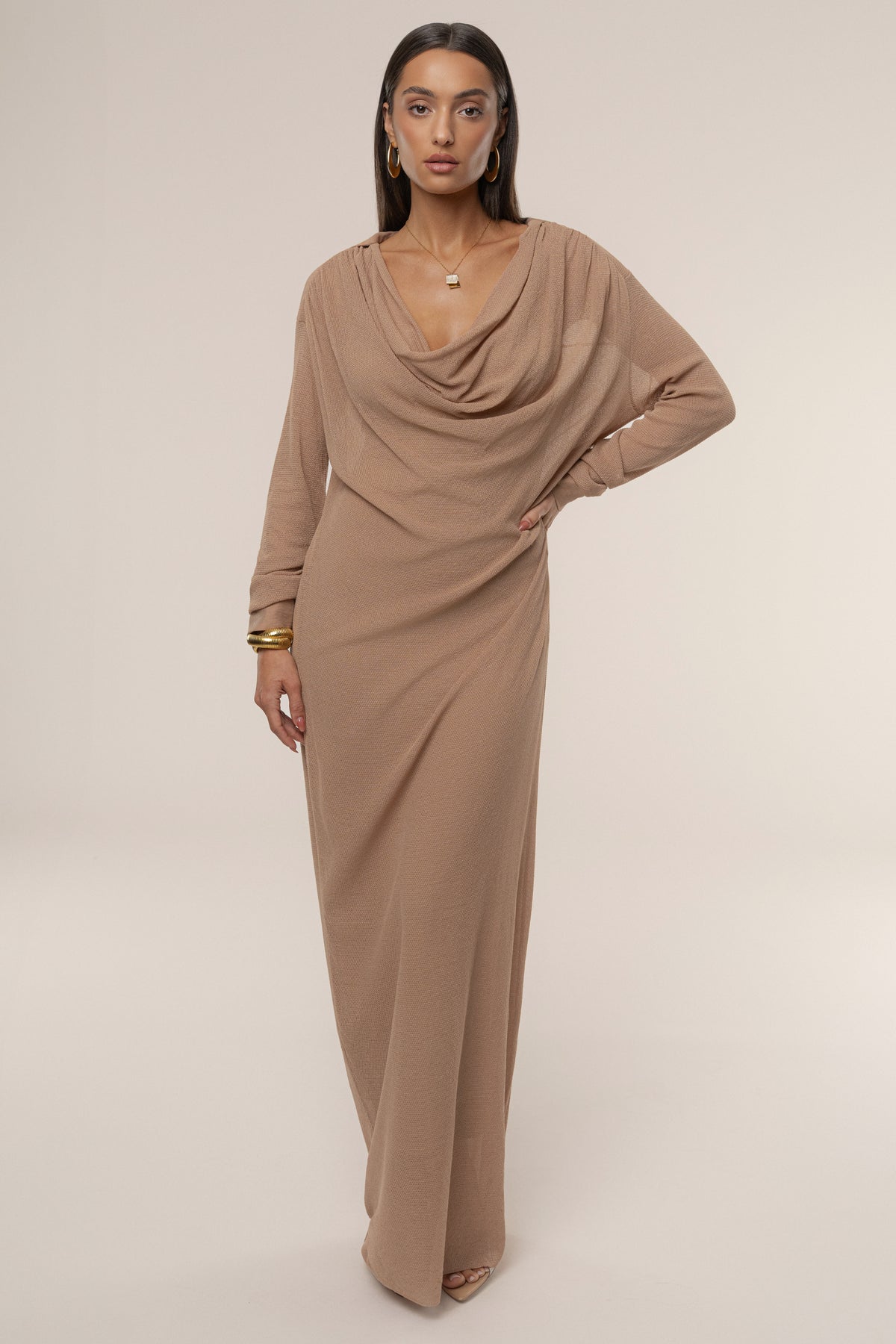 Tan Savanna Cowl Maxi Dress by JLUXLABEL featuring a flowing silhouette and cowl neckline, perfect for elegant summer occasions.