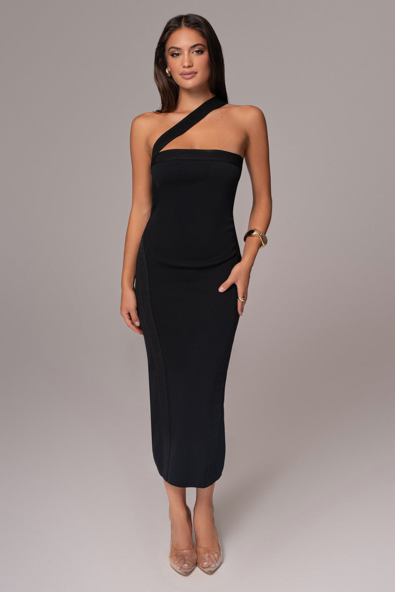 Black Ivone Asymmetrical Midi Dress