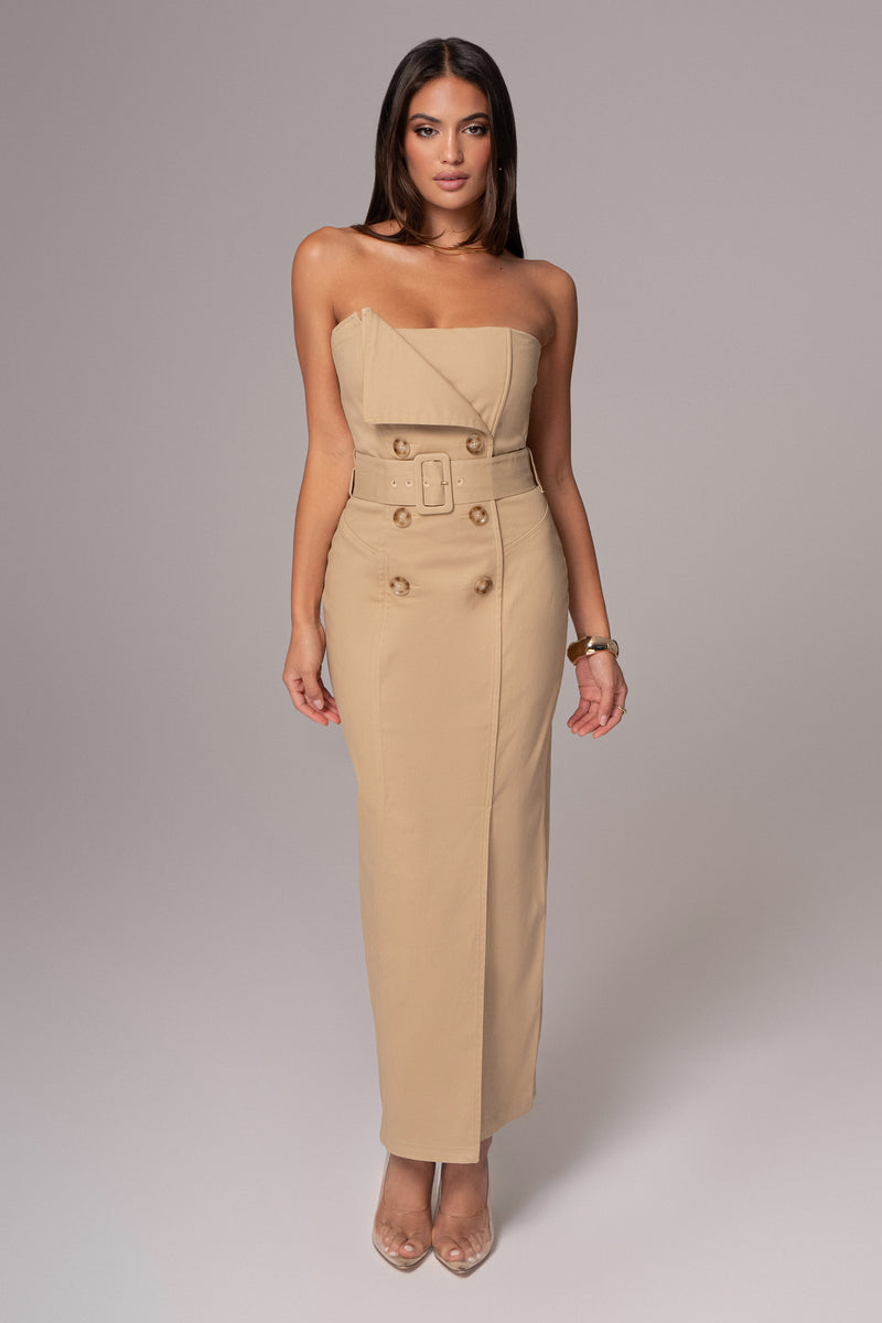 Khaki Strapless Belted Midi Dress