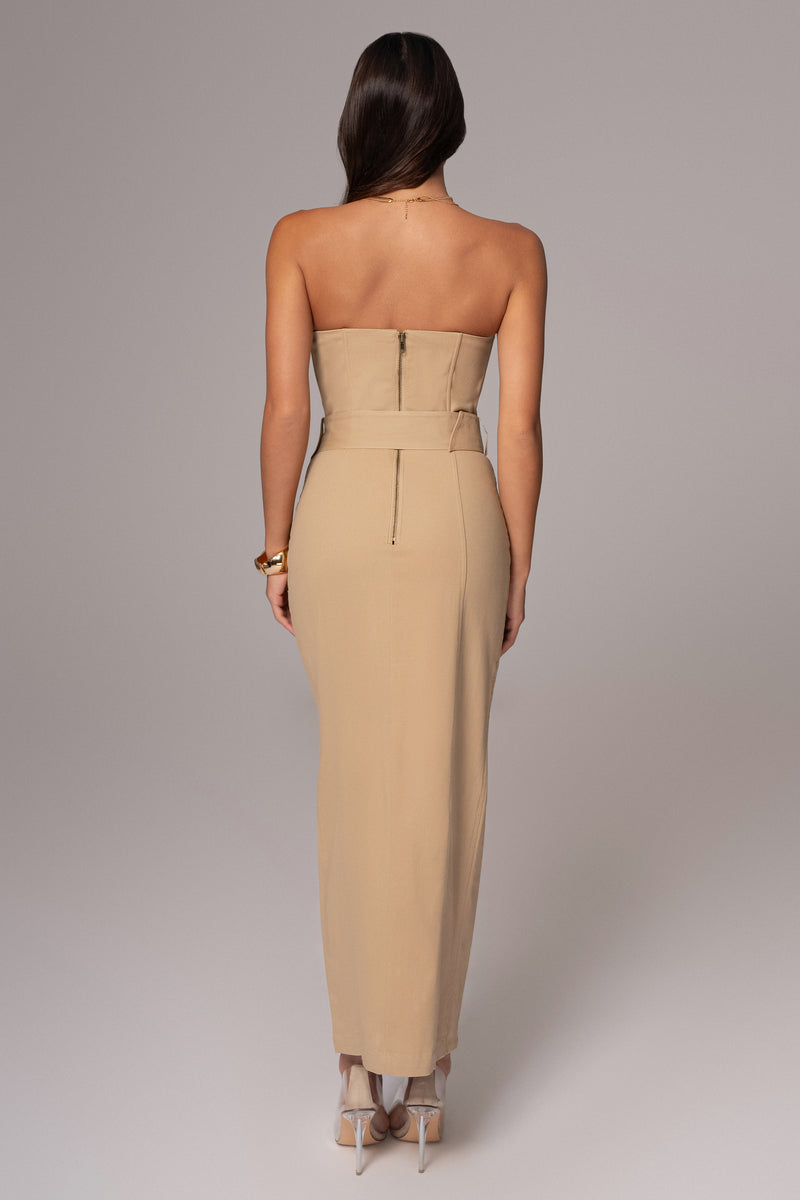 Khaki Strapless Belted Midi Dress