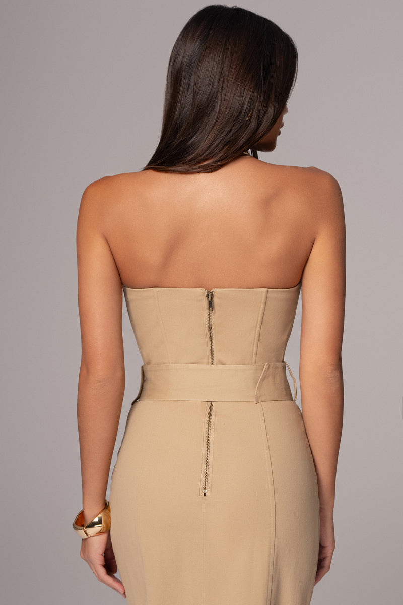 Khaki Strapless Belted Midi Dress