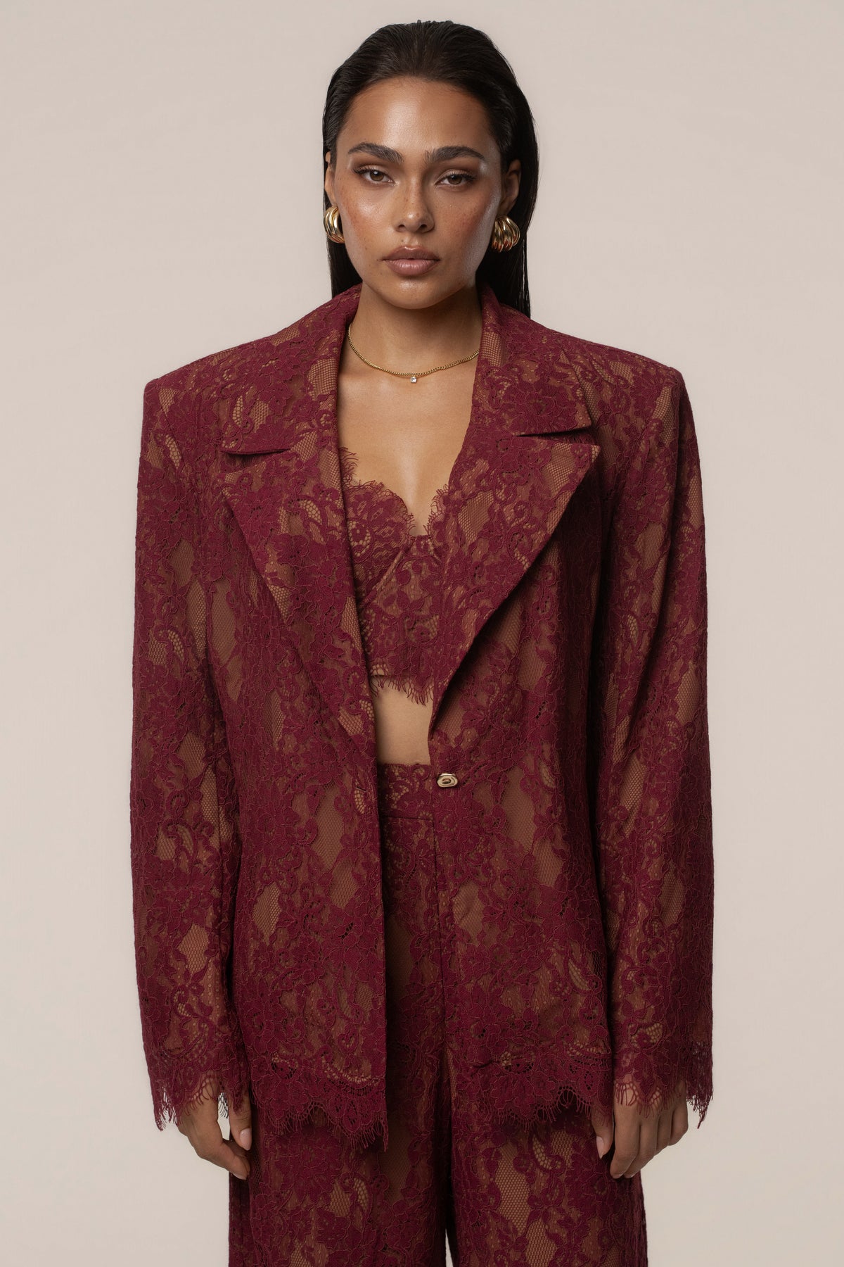 Burgundy Lace And Desire Blazer - JLUXLABEL
