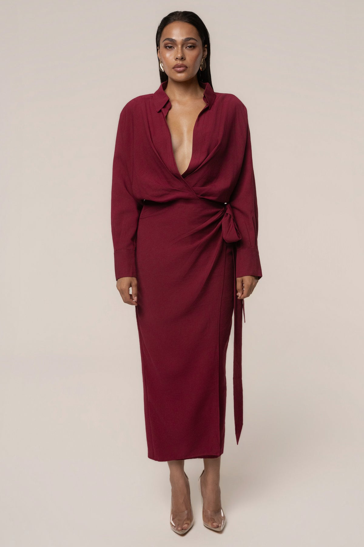 Burgundy Skyline Wrap Midi Dress