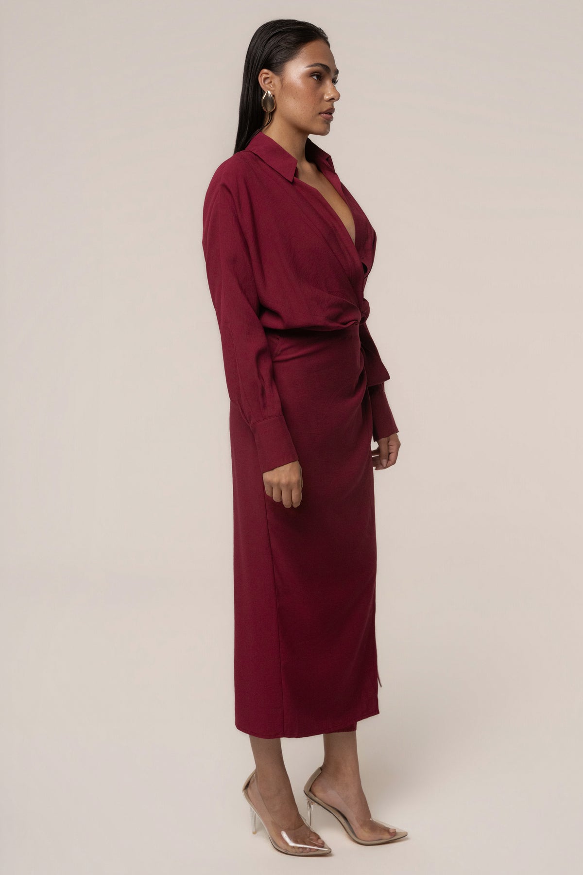 Burgundy Skyline Wrap Midi Dress