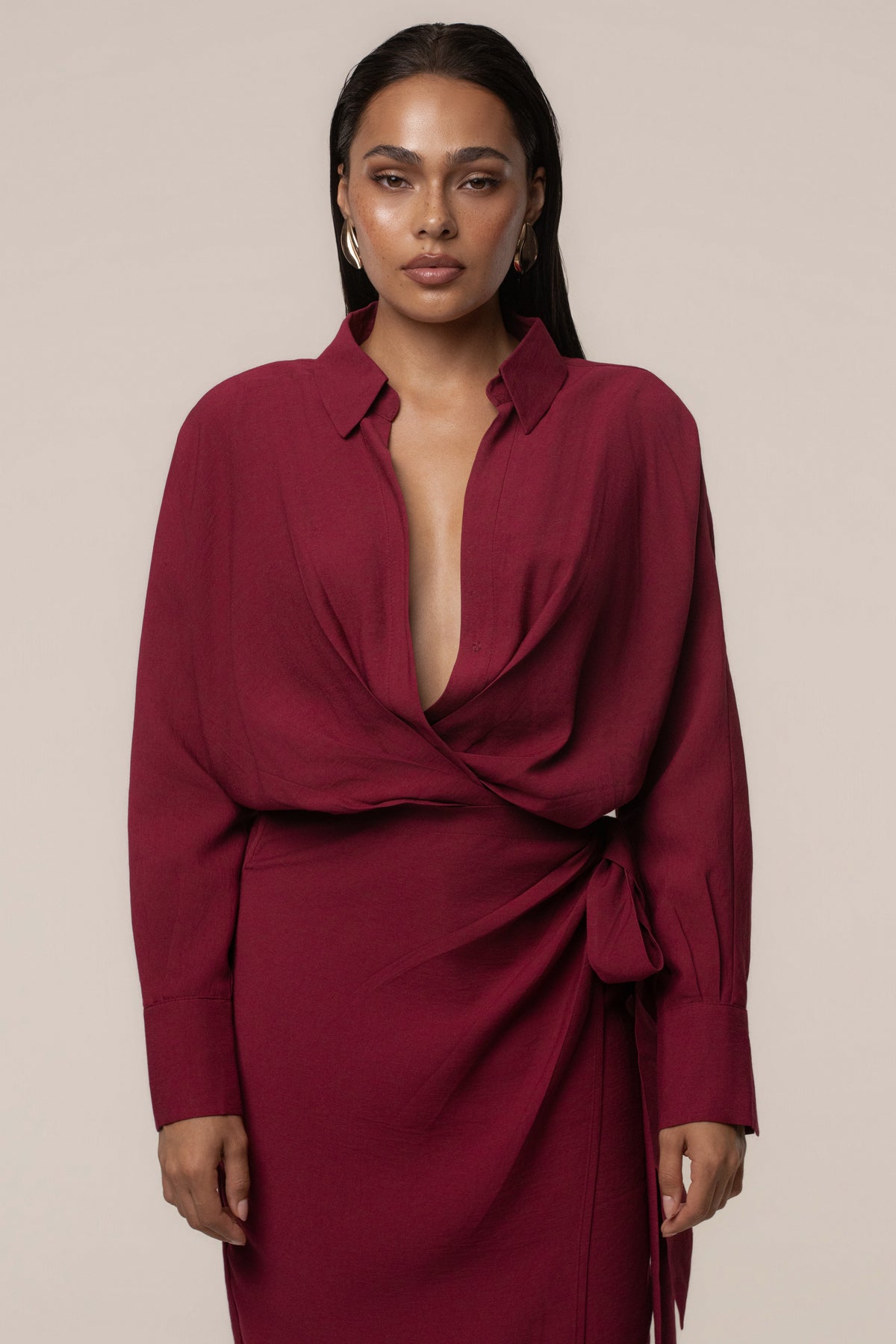 Burgundy Skyline Wrap Midi Dress