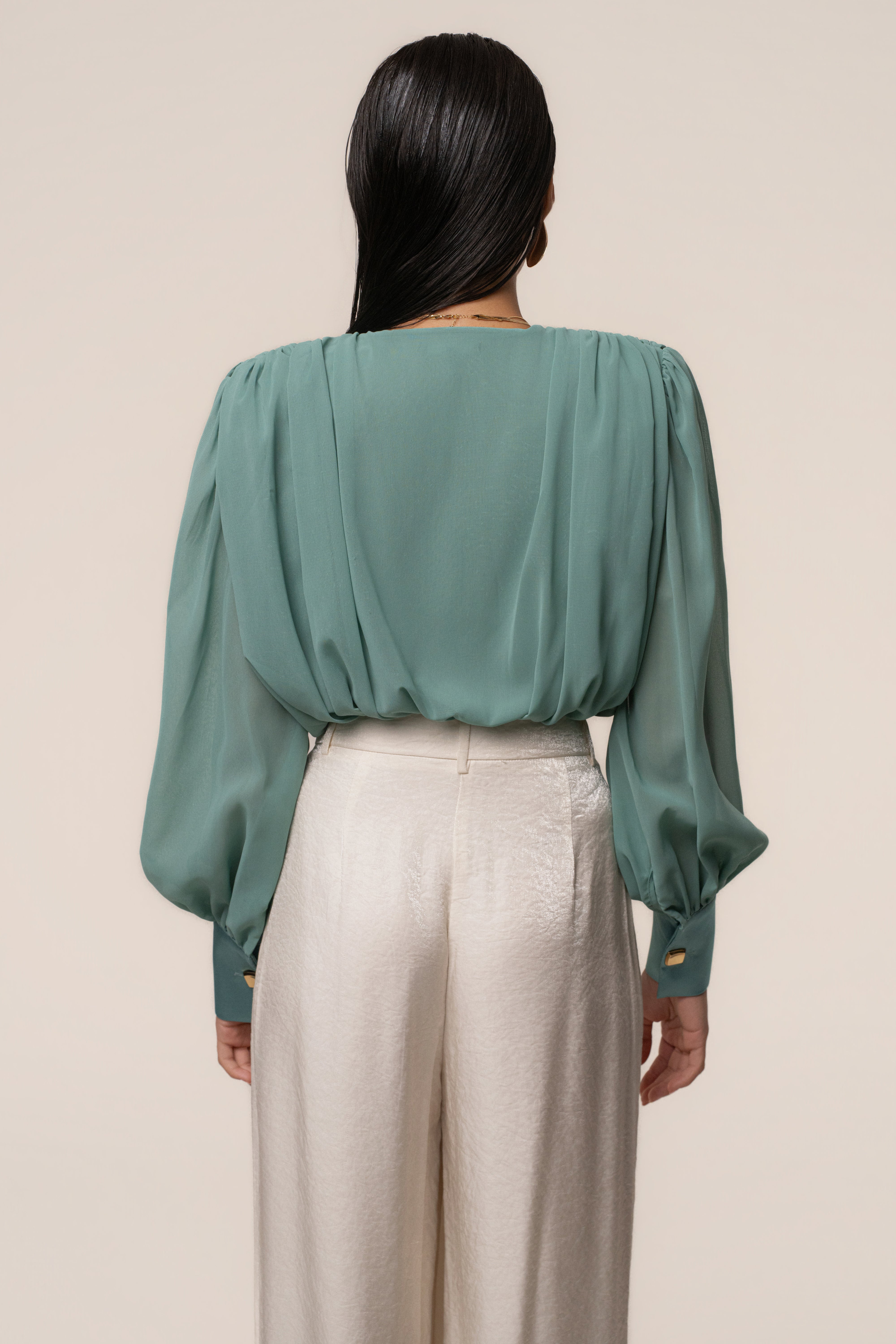 Teal JLUXLABEL pleated chiffon top with a relaxed fit and elegant design, perfect for stylish casual or semi-formal wear.