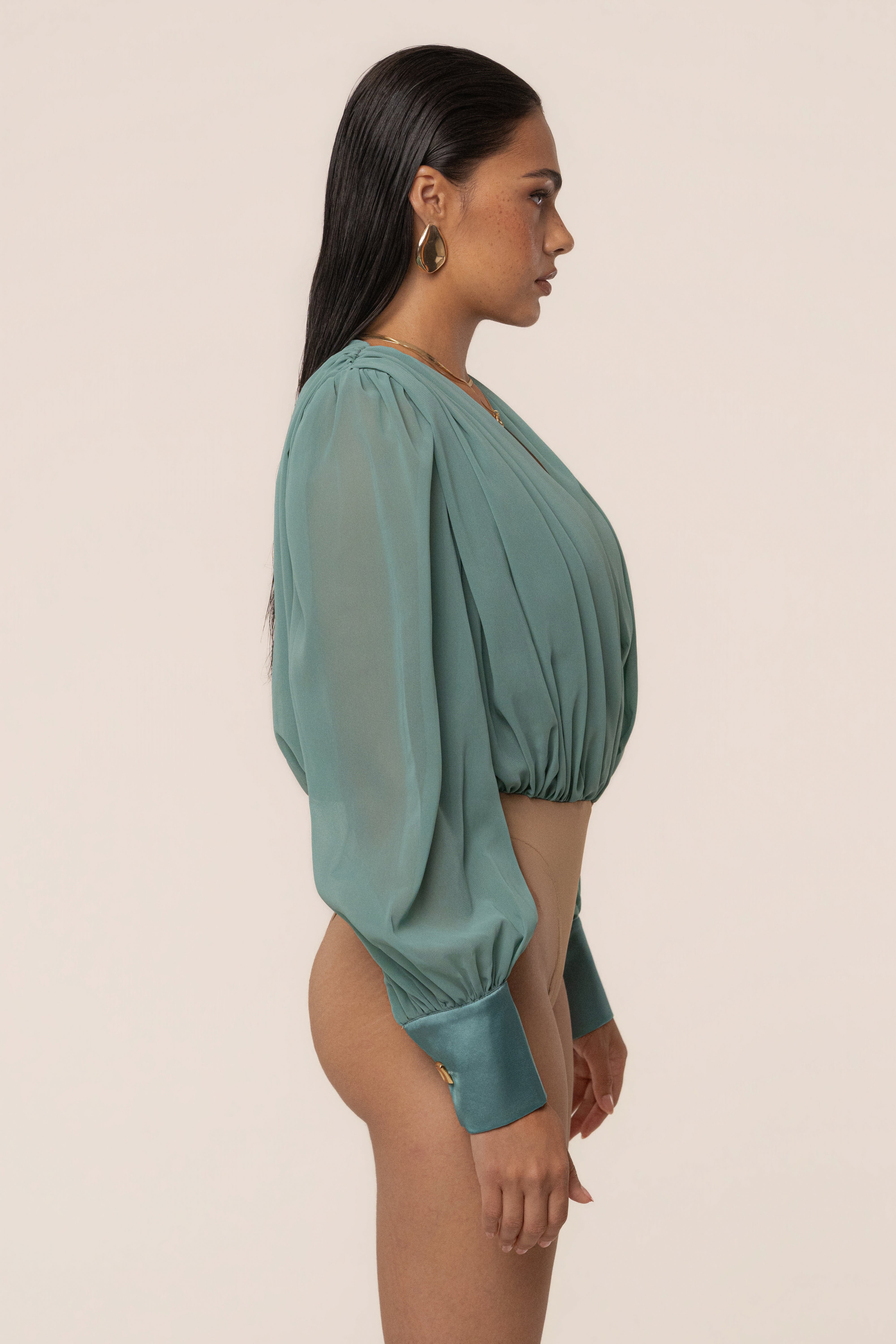 Teal JLUXLABEL pleated chiffon top with a relaxed fit and flowing fabric, perfect for stylish casual wear.