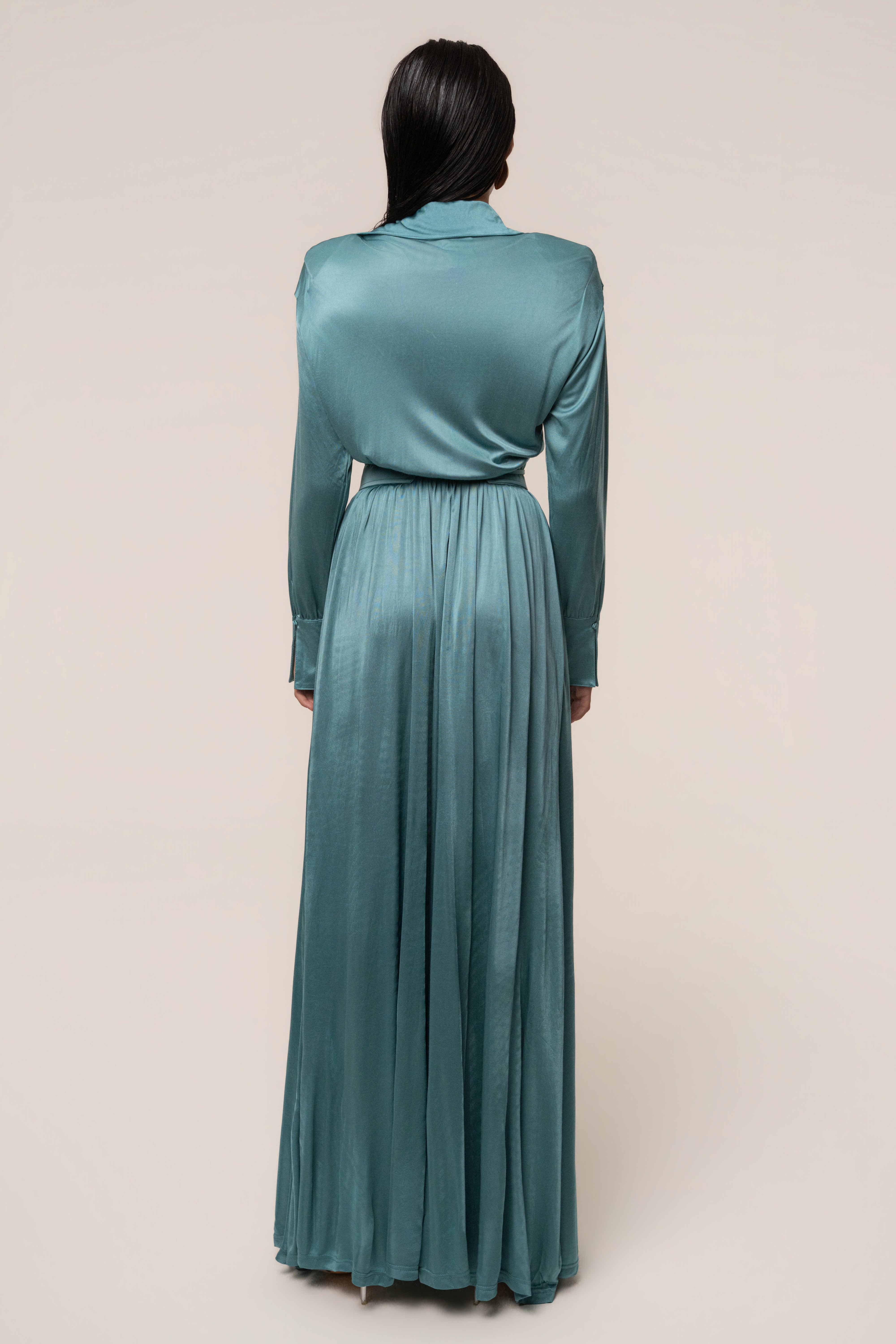 Teal high line collar maxi dress by JLUXLABEL featuring a flowing silhouette and elegant design.