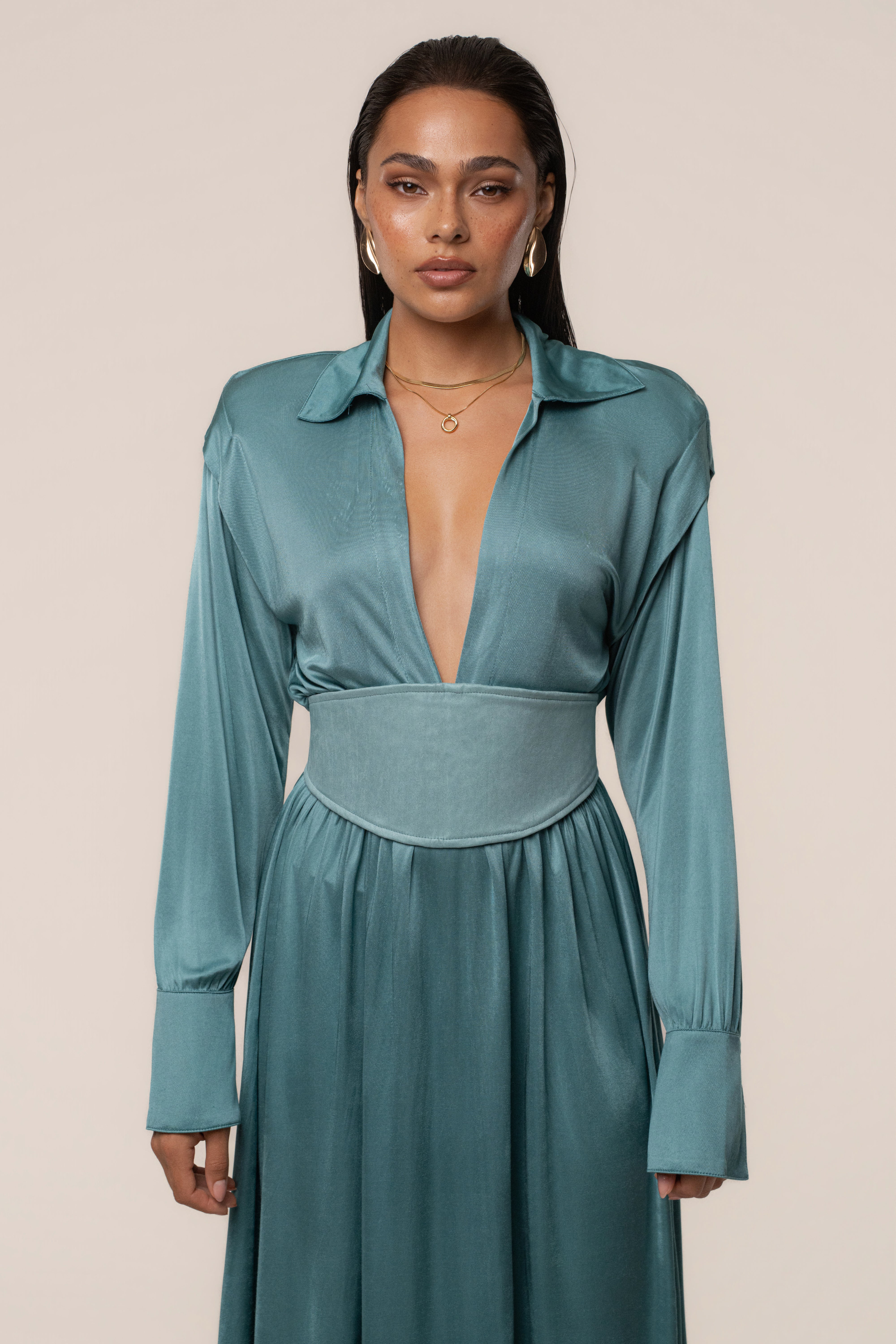 Teal JLUXLABEL High Line Collar Maxi Dress with sleeveless design and flowing fabric, perfect for elegant occasions.
