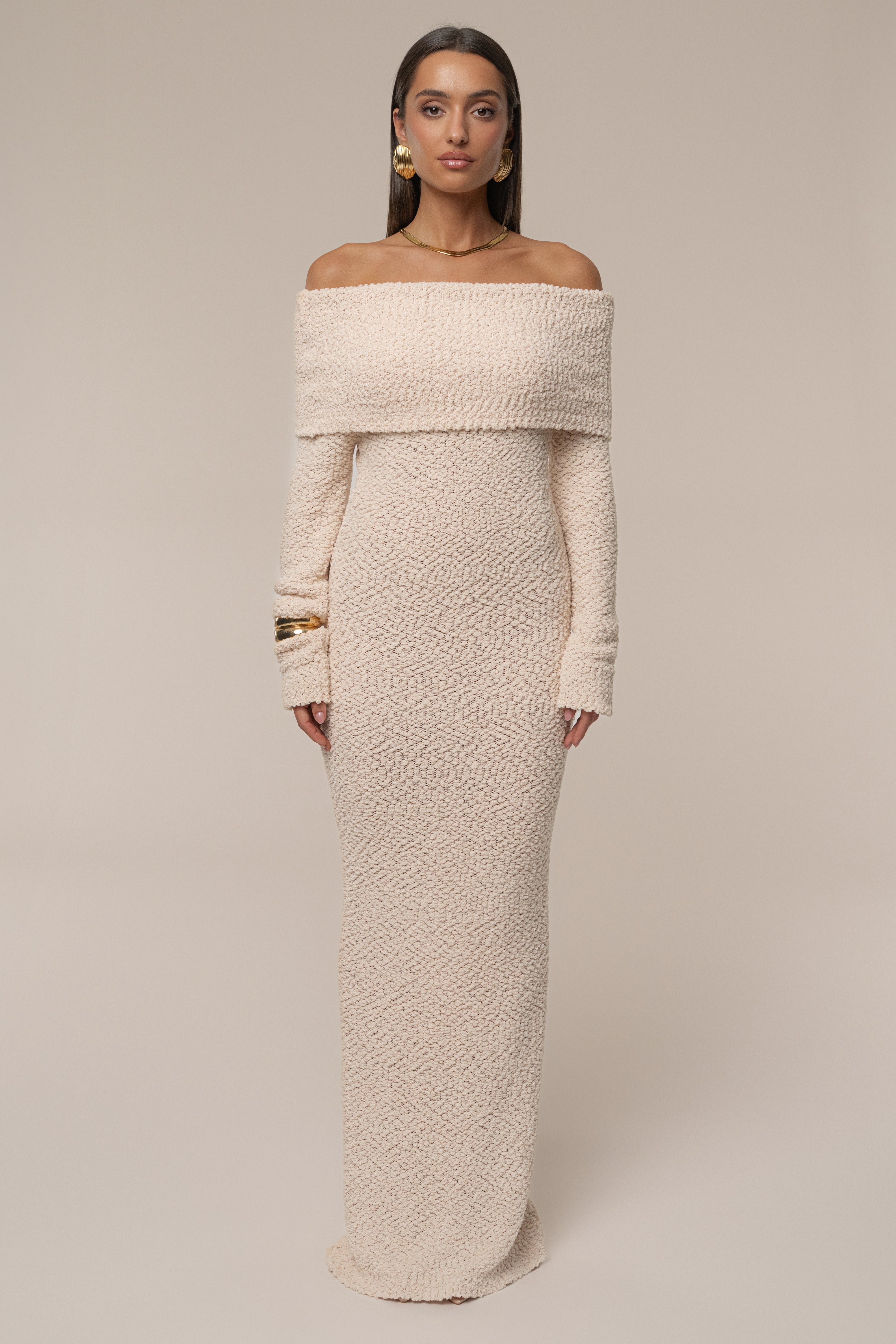 Cream Olivea Knit Maxi Dress - JLUXLABEL