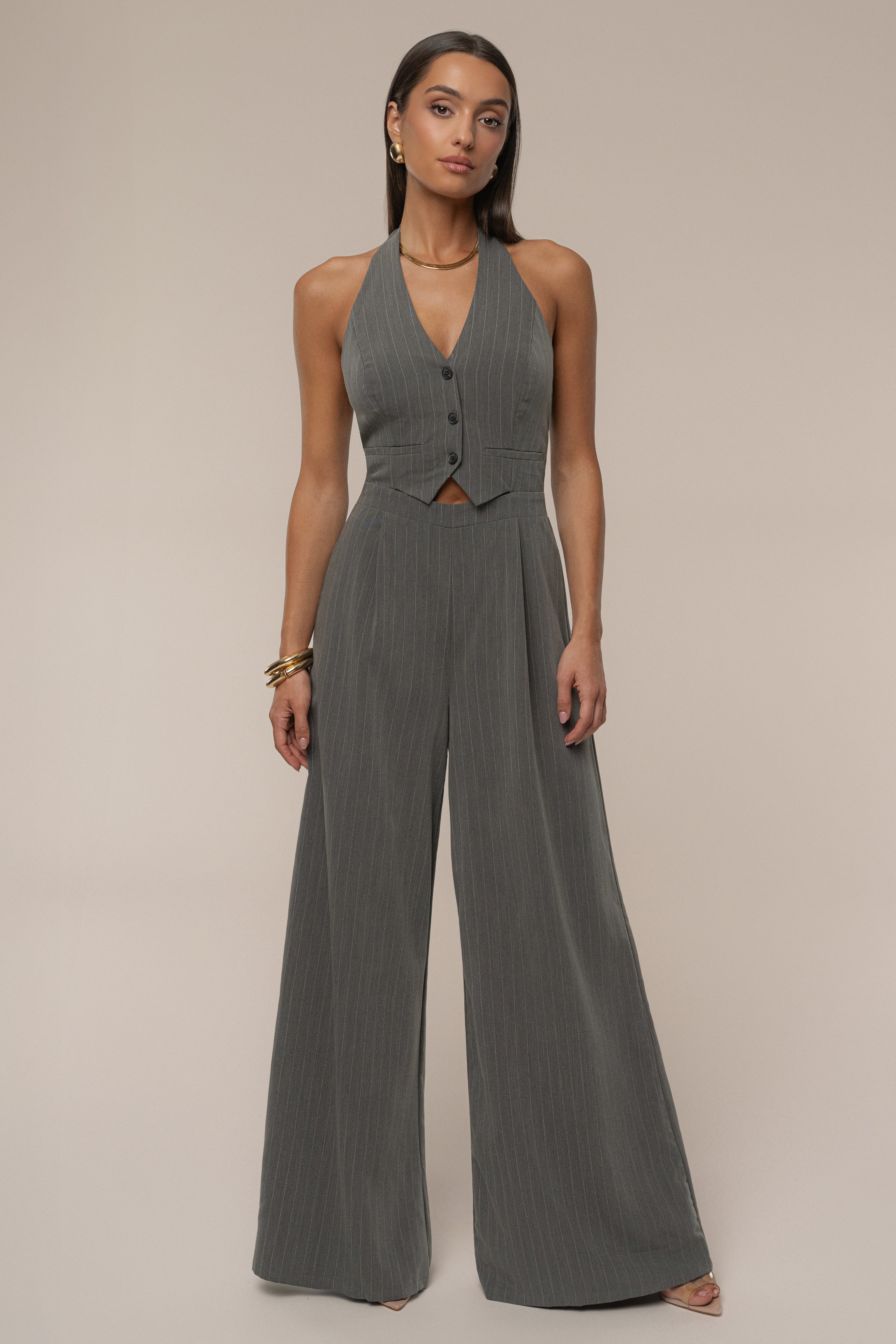 Grey Classic Pinstriped Jumpsuit - JLUXLABEL
