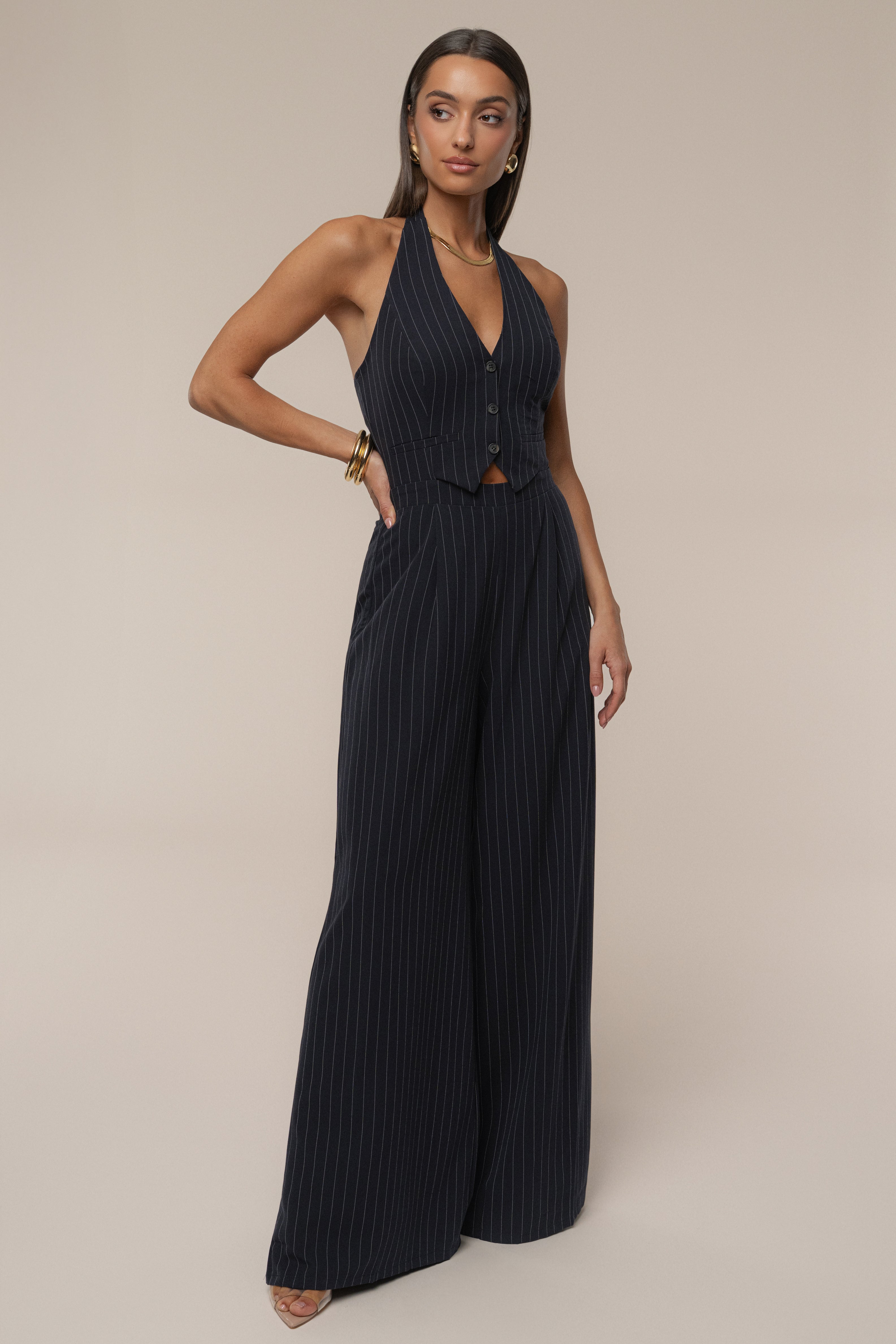 Navy Classic Pinstriped Jumpsuit