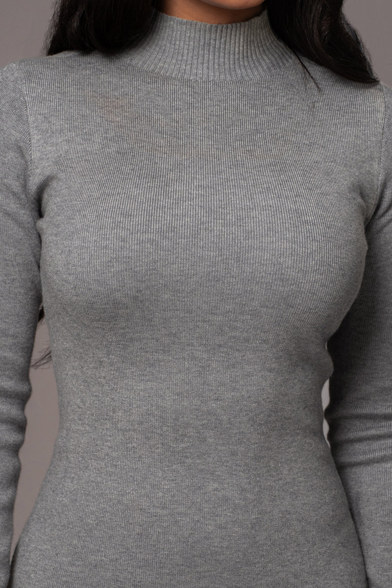 Grey Mock Neck Sweater Dress - JLUXLABEL