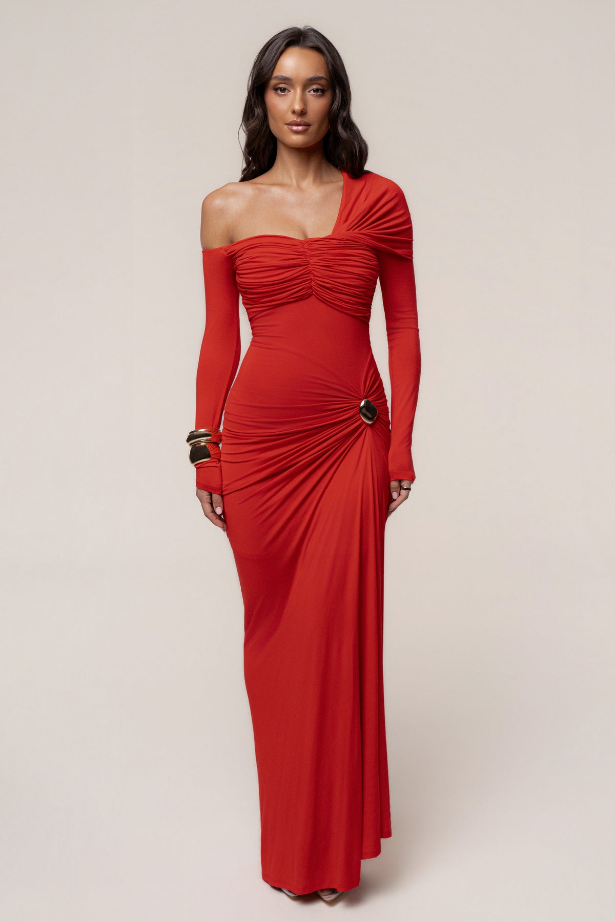 Red Stars Align Ruched Maxi Dress